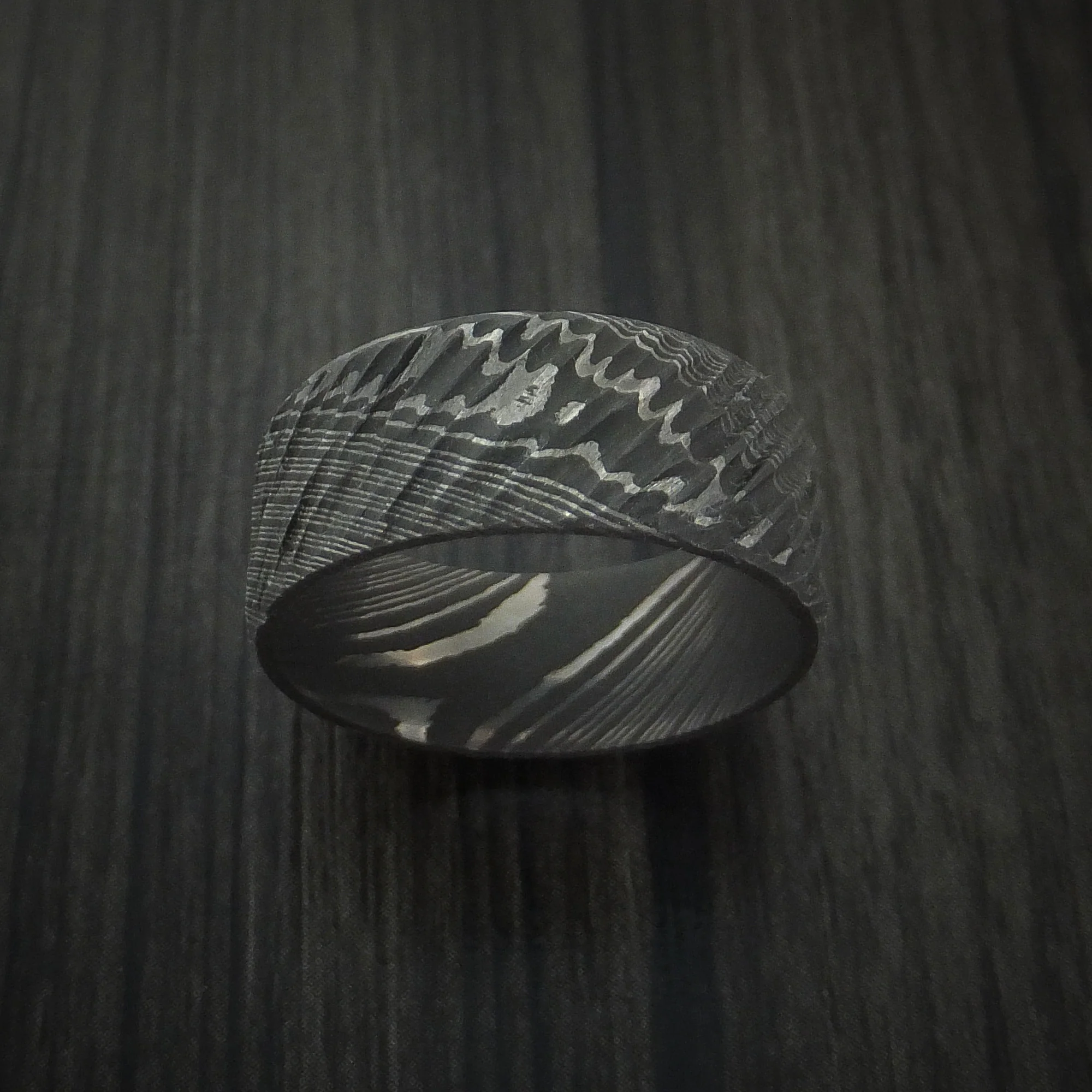 Damascus Steel Tree Bark Carved Men's Ring Custom Made Band - Image 2