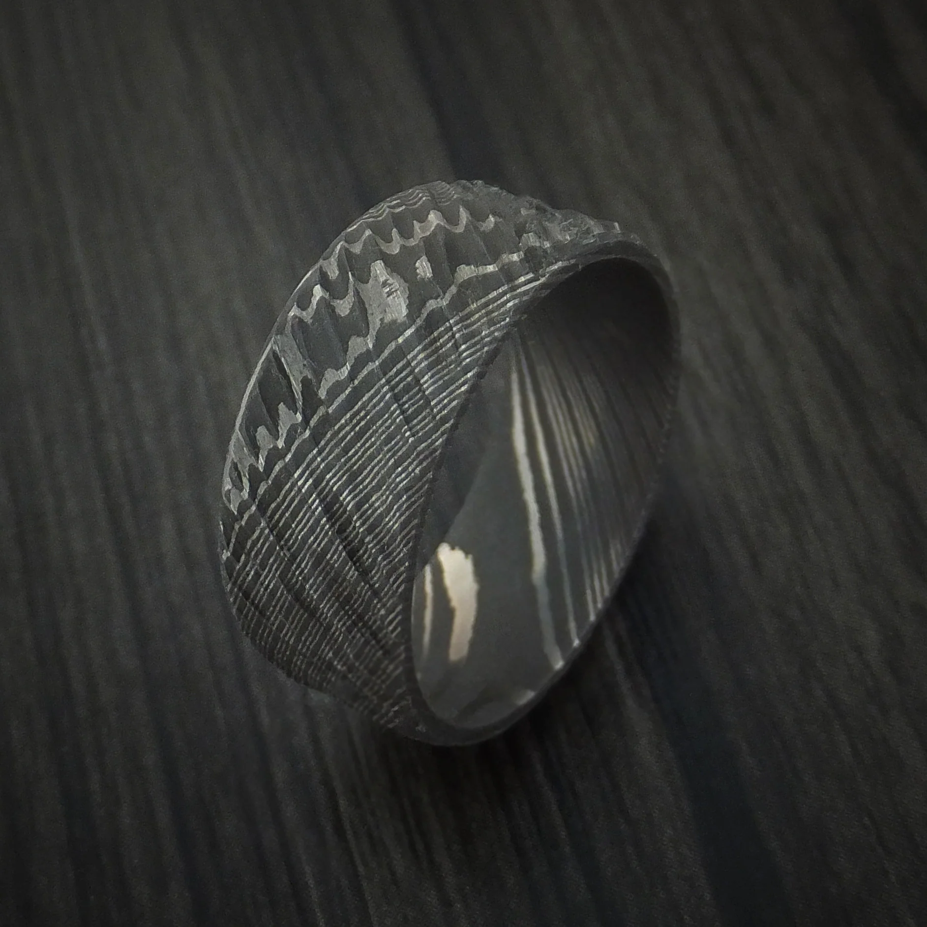 Damascus Steel Tree Bark Carved Men's Ring Custom Made Band - Image 3