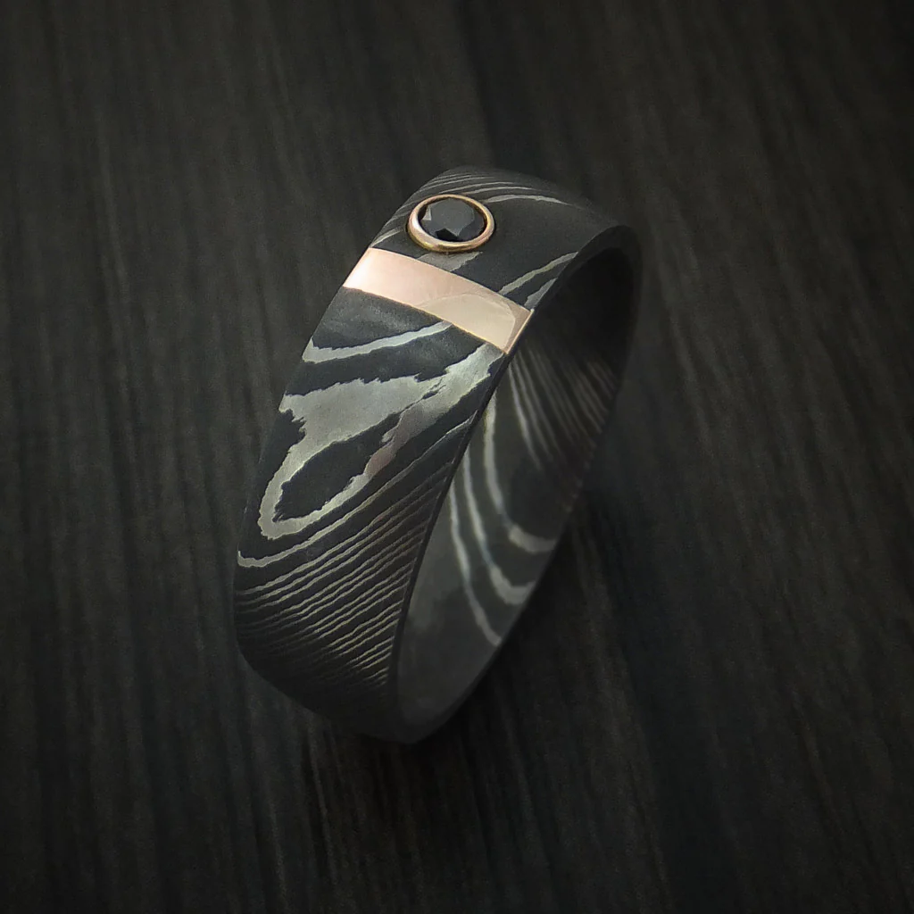 Damascus Steel with 14K Gold and Black Diamond Custom Made Men's Band - Image 3