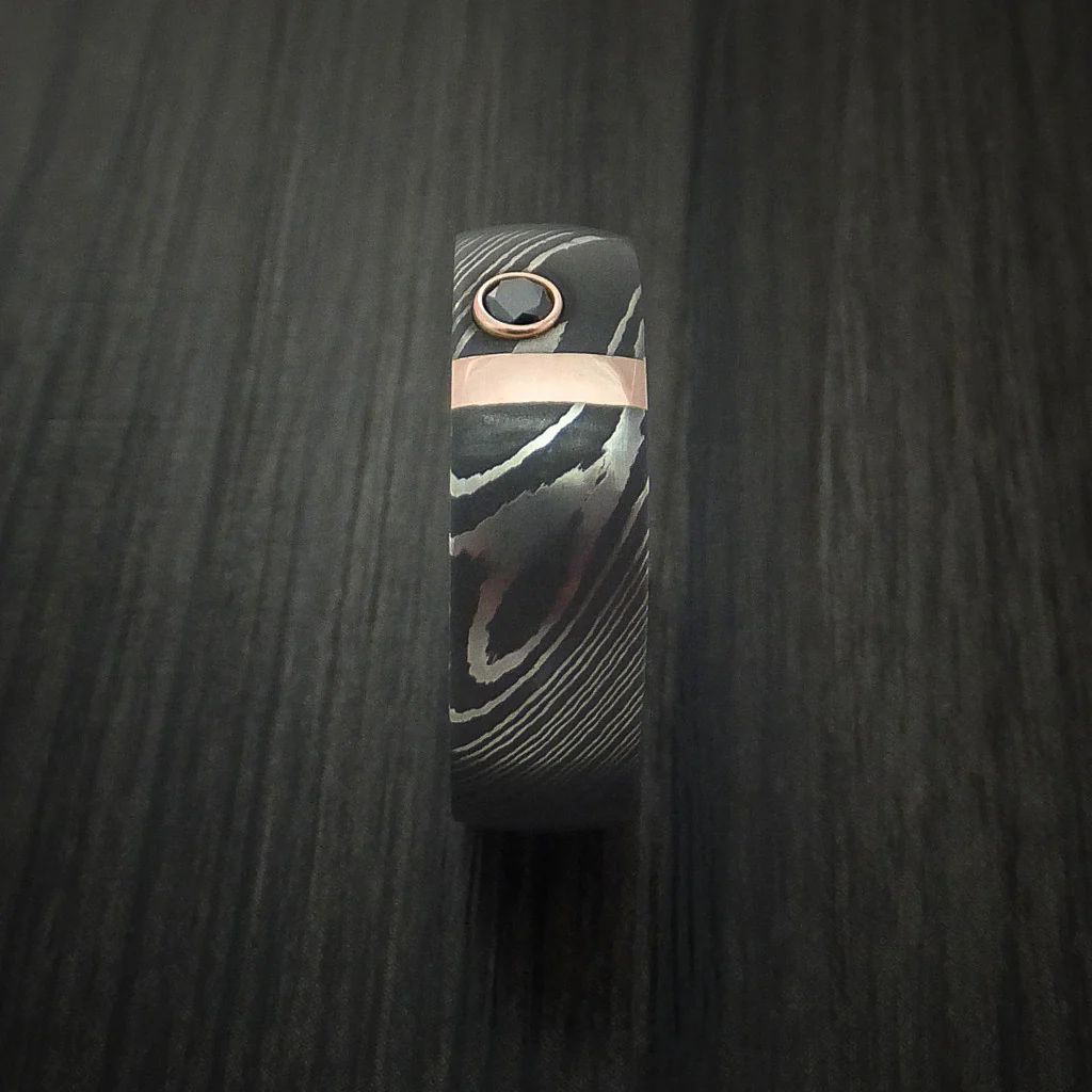 Damascus Steel with 14K Gold and Black Diamond Custom Made Men's Band - Image 4