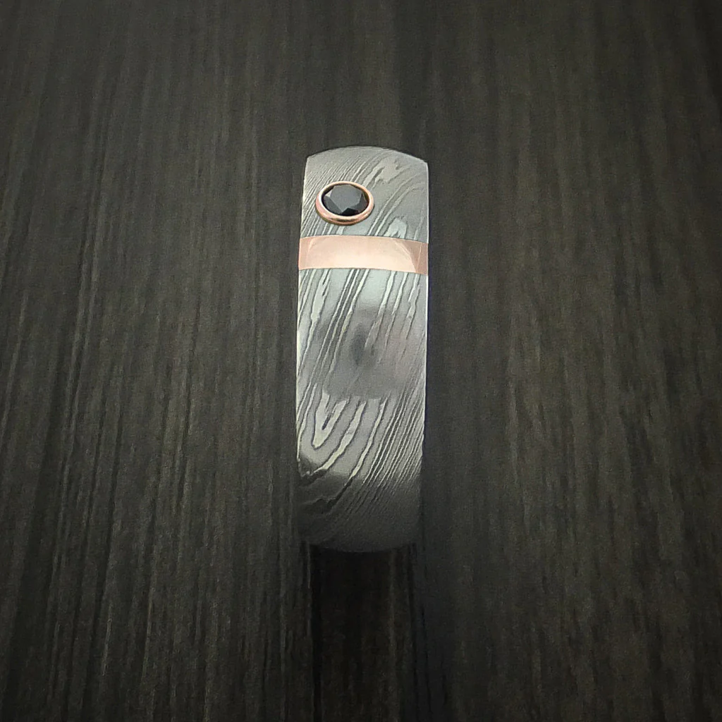 Damascus Steel with 14K Gold and Black Diamond Custom Made Men's Band - Image 3