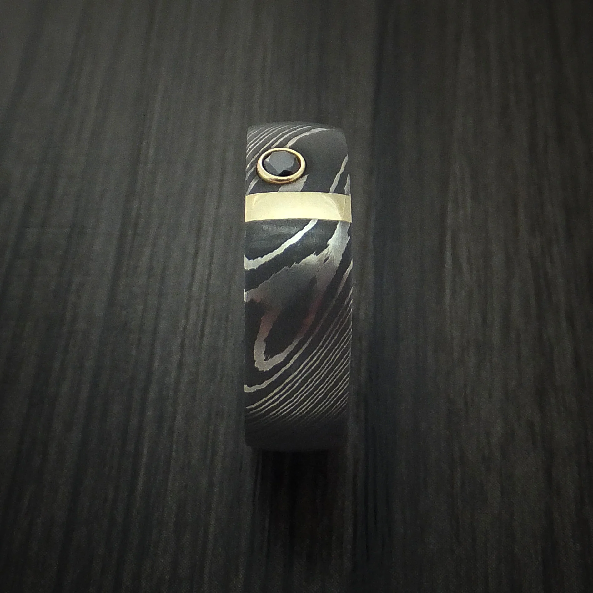 Damascus Steel with 14K Gold and Black Diamond Custom Made Men's Band - Image 3