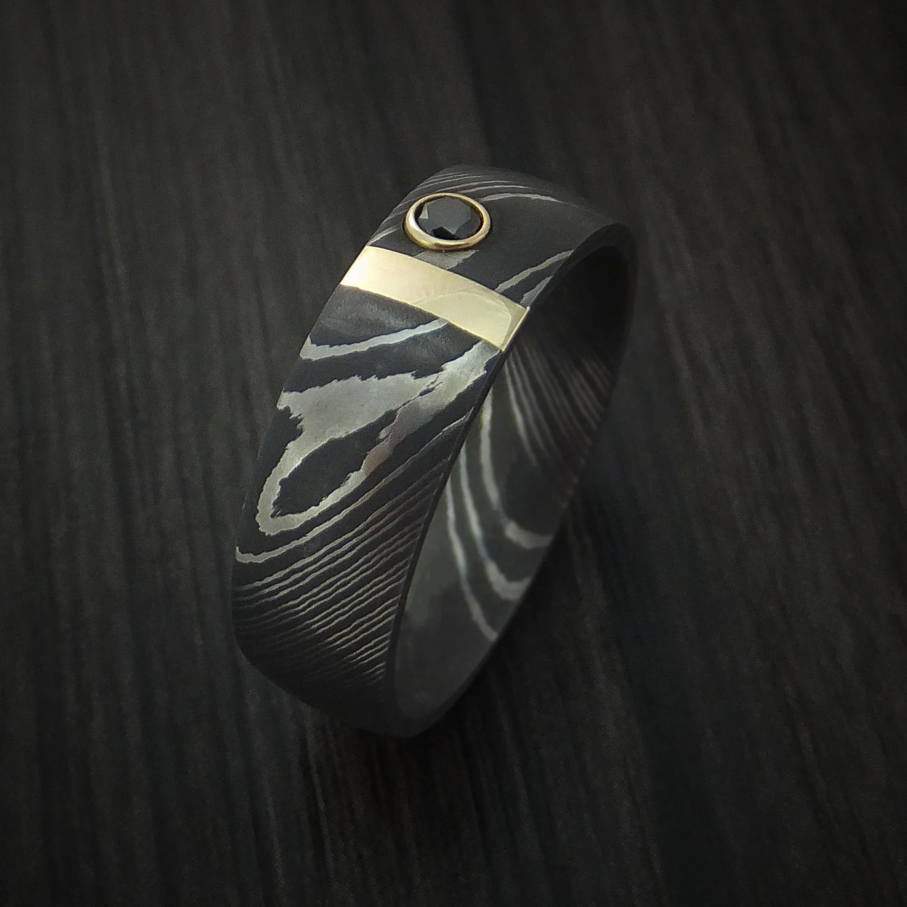 Damascus Steel with 14K Gold and Black Diamond Custom Made Men's Band - Image 4