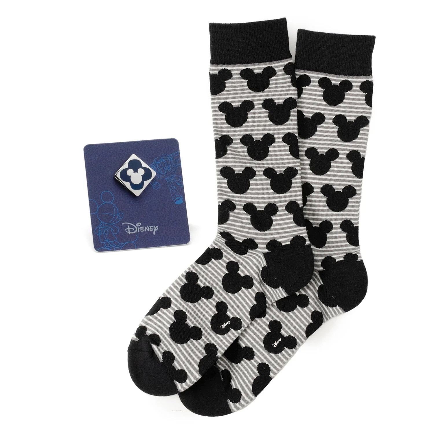 Disney Mickey Mouse Stripe Gray Sock and Mickey Blue Lapel Pin Gift Set
