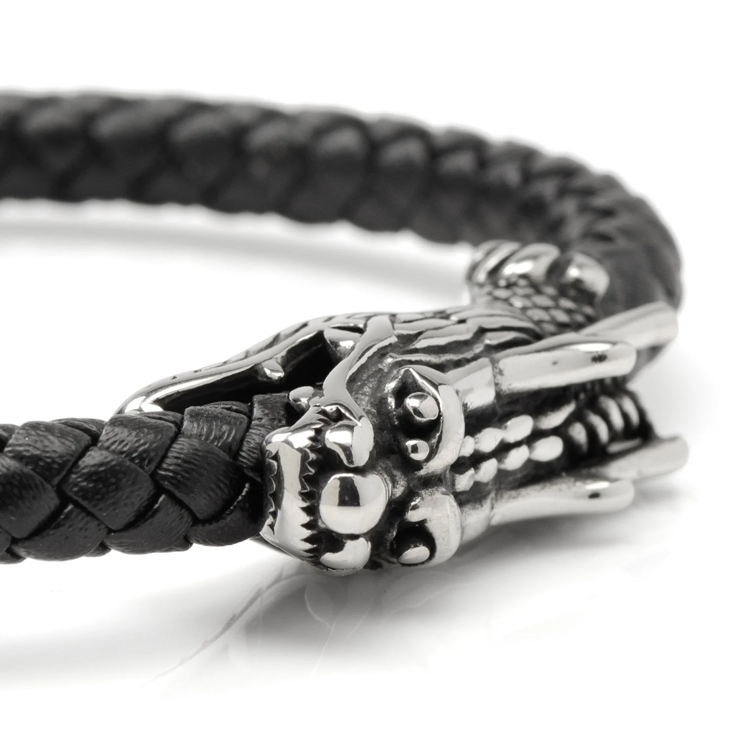 Dragon Head Braided Black Leather Bracelet with Magnetic Closure - Image 6