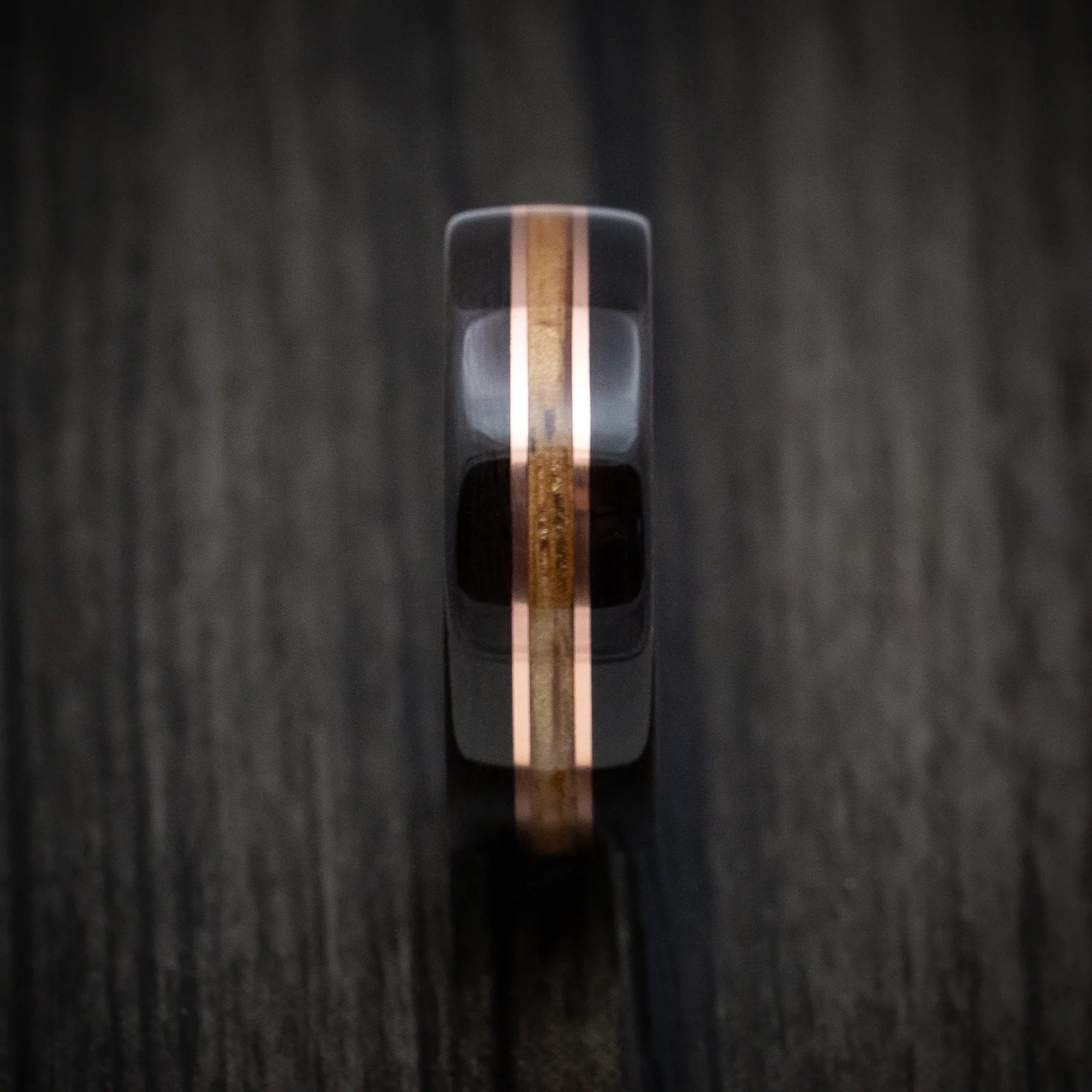 Ebony Wood ring with Whiskey Barrel Wood Inlay/Sleeve and Double Copper Inlays - Image 3