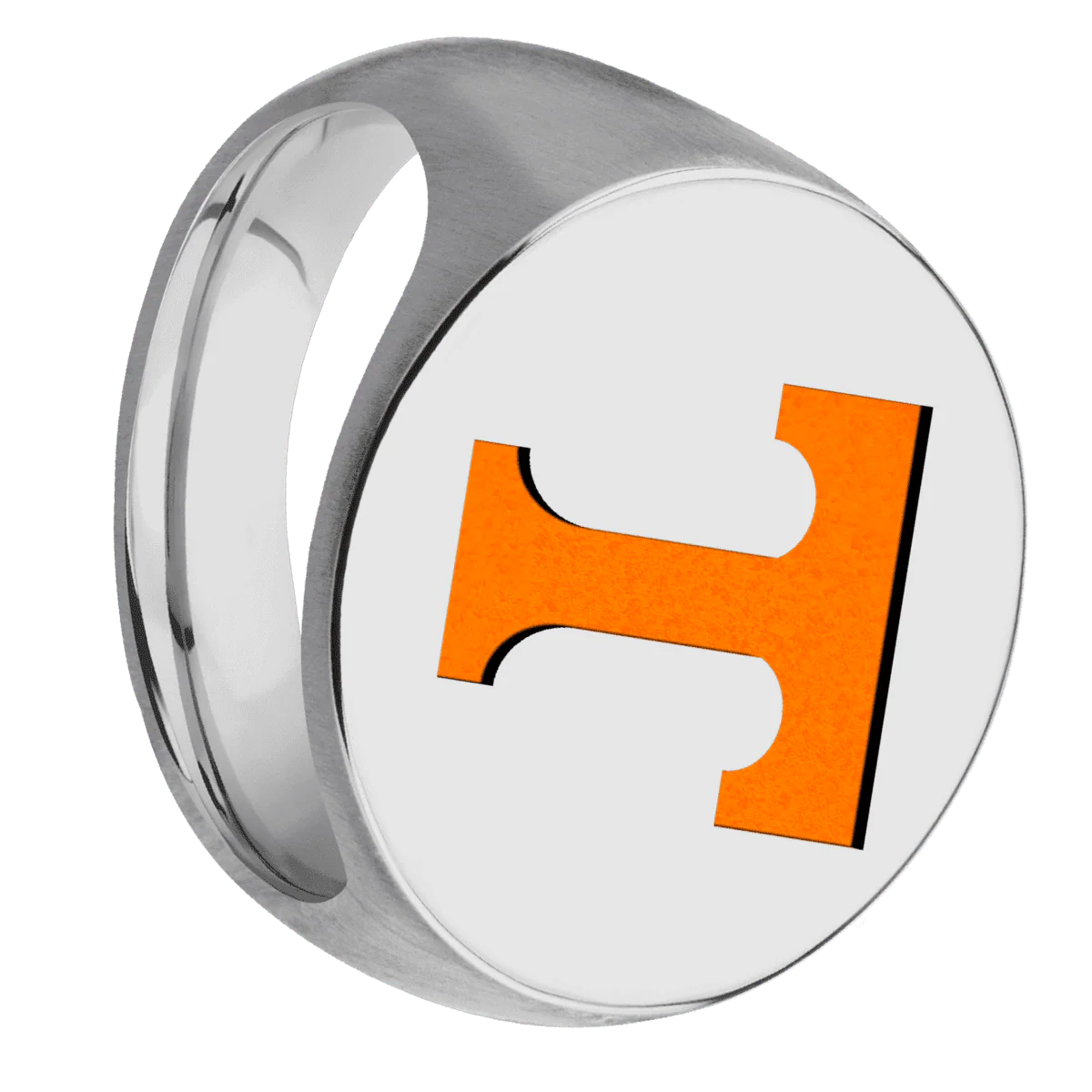 Extra Large Circle signet ring (22mm ) in Titanium, with a Thin style band and a Tennessee Power T engraving.
