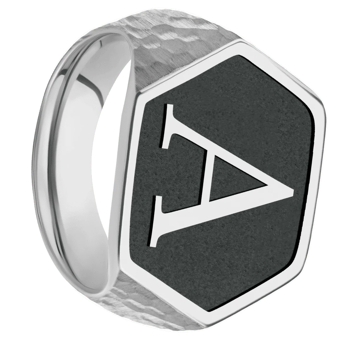 Extra Large Hexagon signet ring (23x20mm) in Platinum, with a Thin style band and a Book Antiqua 1 Rev engraving.