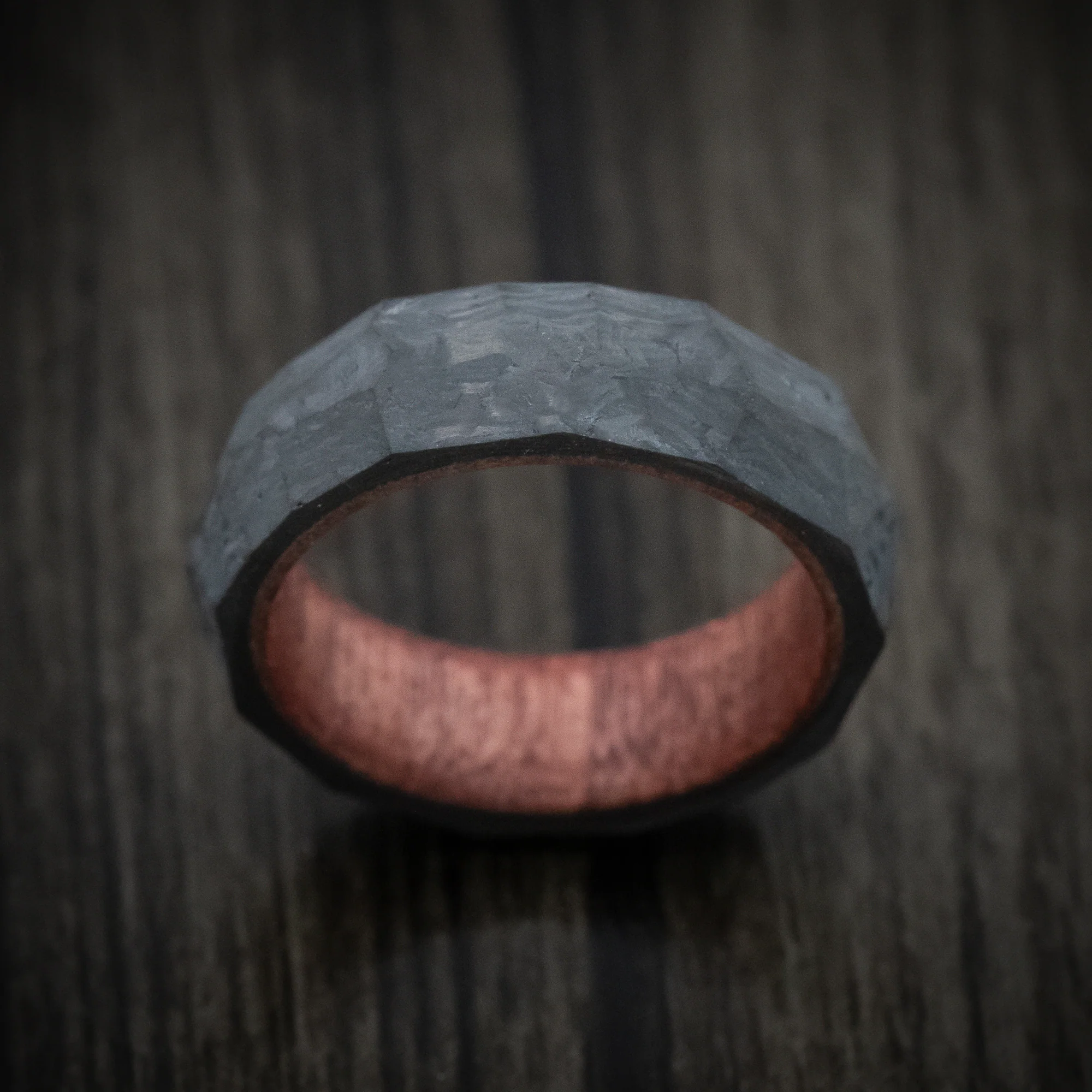 Faceted Carbon Fiber Men's Ring with Sequoia Wood Sleeve - Image 2