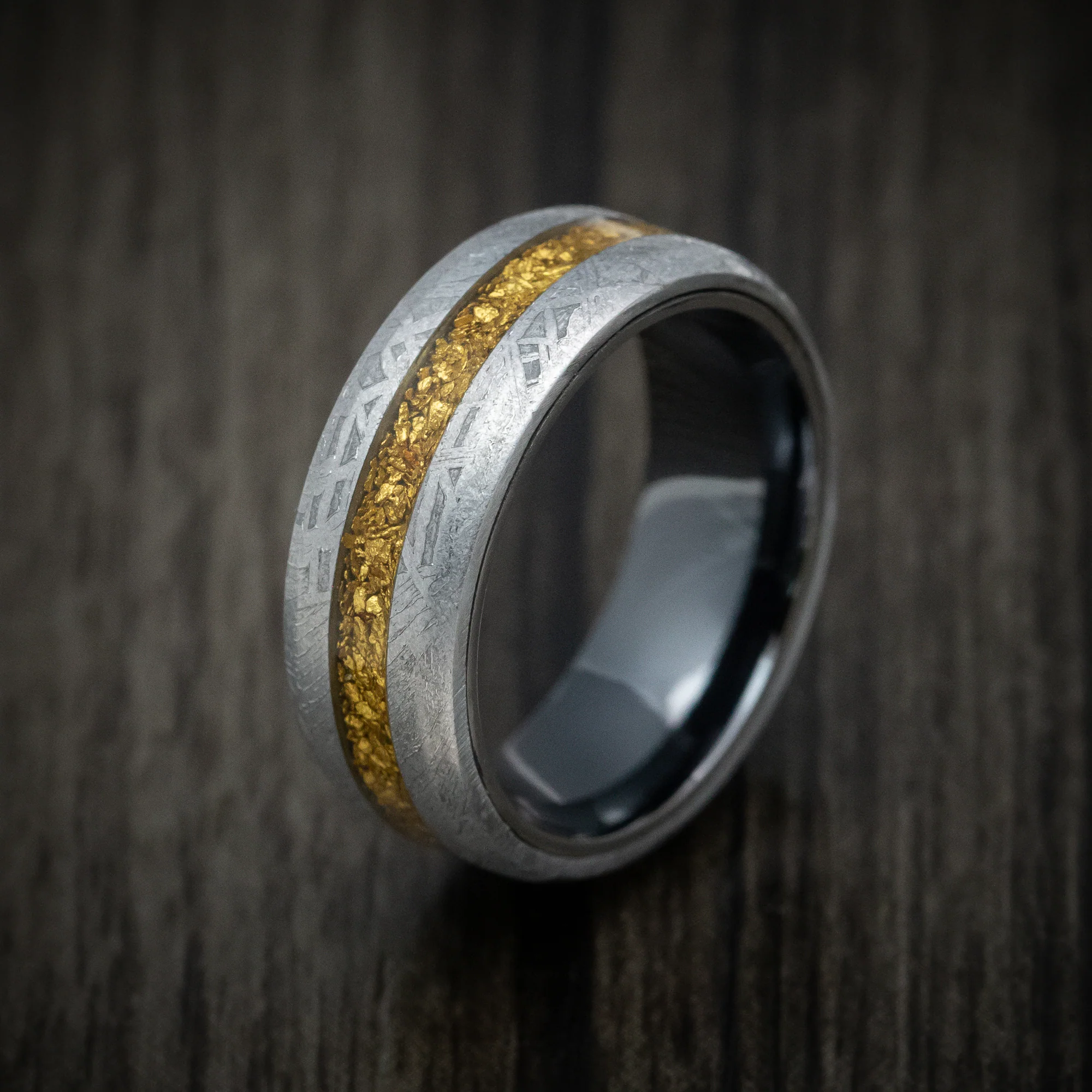 Gibeon Meteorite and Black Zirconium Men's Ring with 24K Raw Gold Nugget Inlay Custom Made Band - Image 4