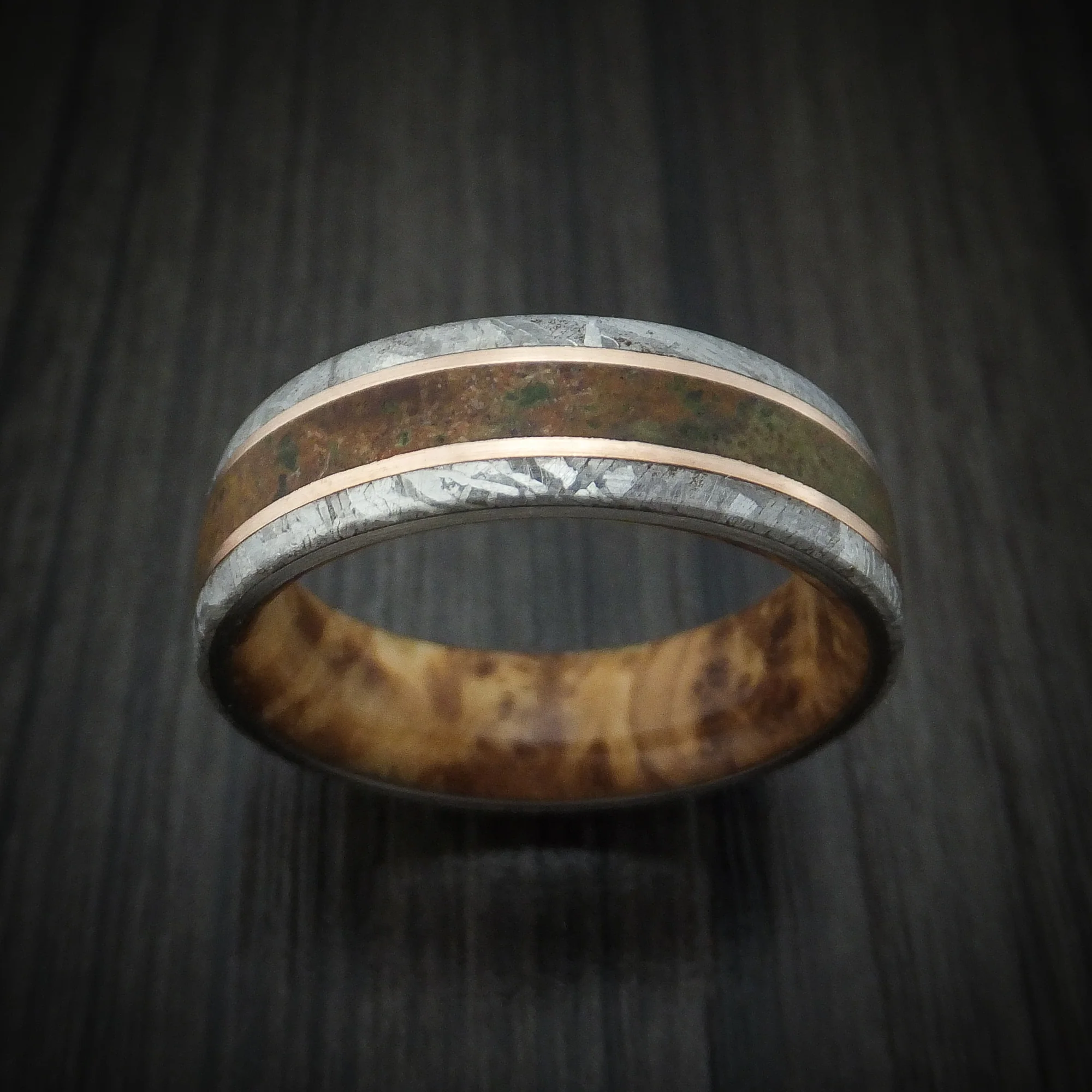 Gibeon Meteorite and Dinosaur Men's Ring with 14k Rose Gold and Wood Sleeve Custom Made - Image 2