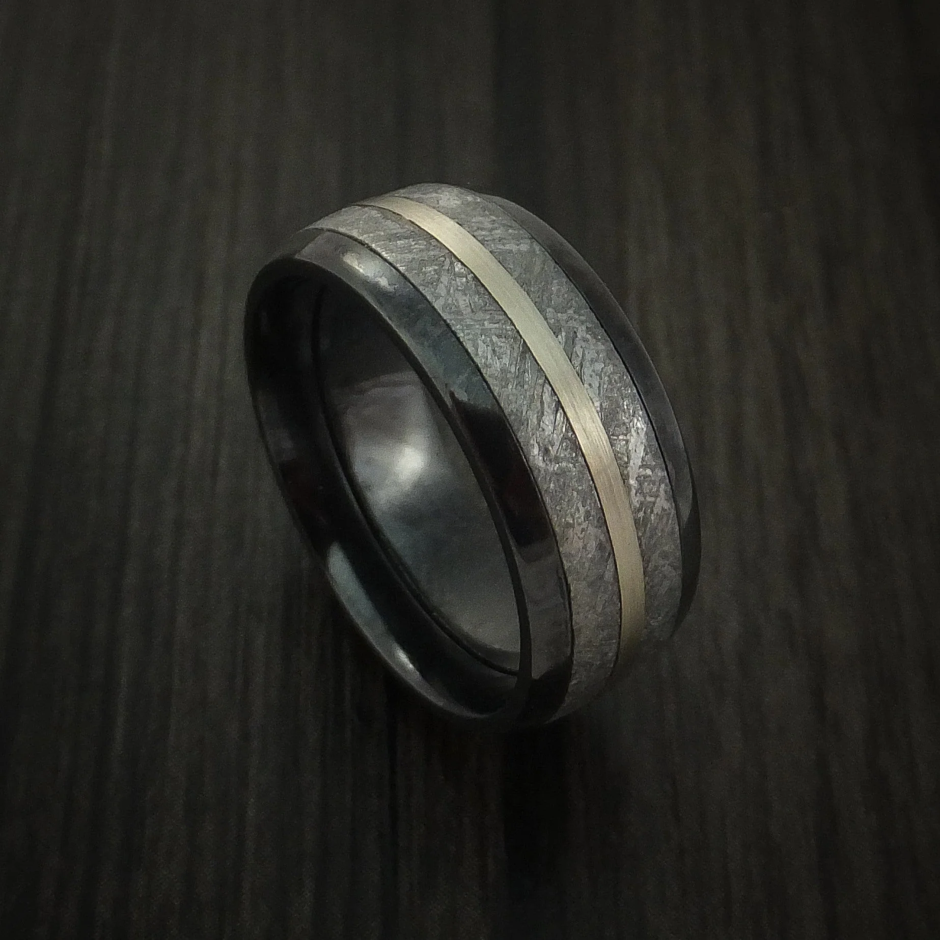 Black Titanium or Black Zirconium Custom Men's Ring with Gibeon Meteorite and 14K White Gold