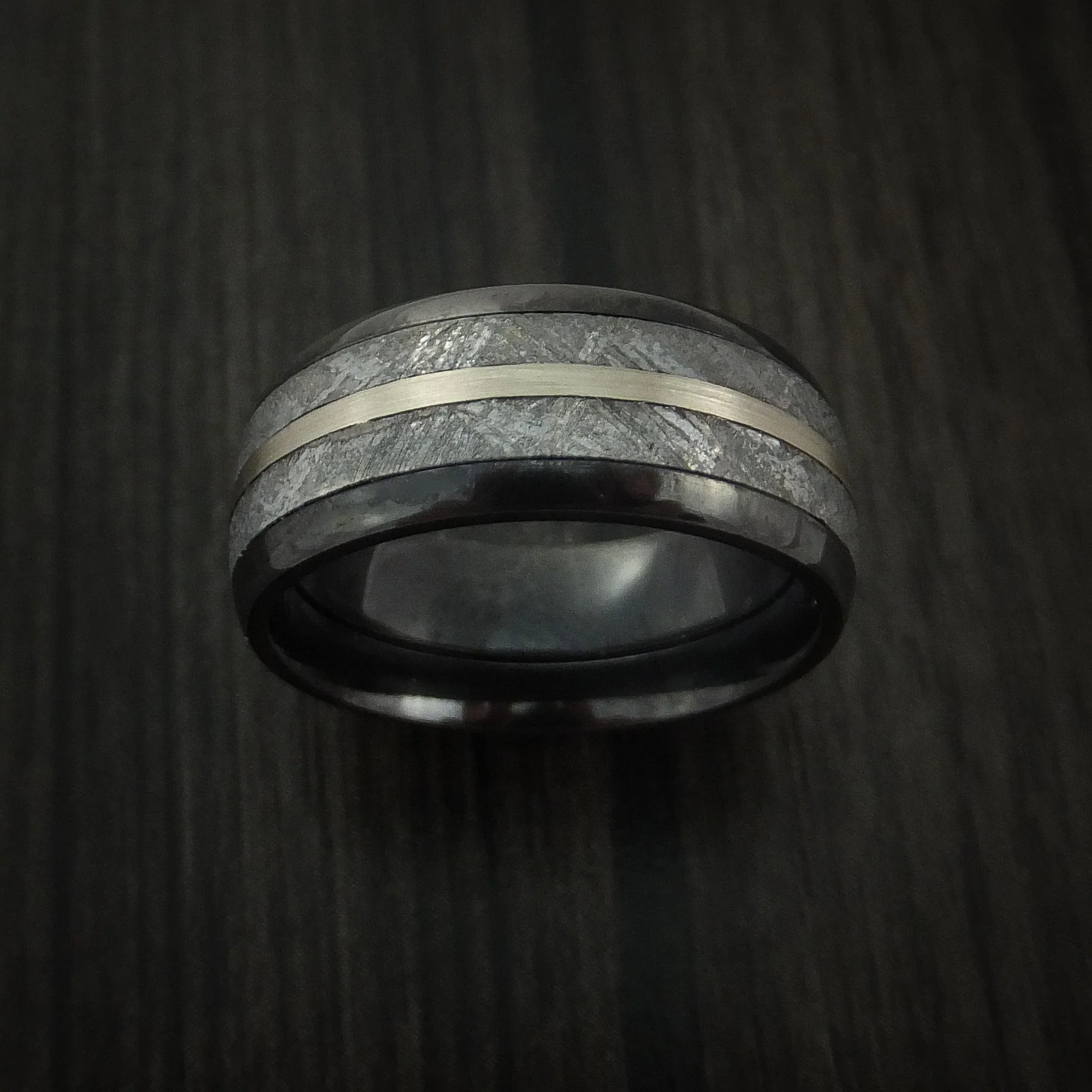 Black Titanium or Black Zirconium Custom Men's Ring with Gibeon Meteorite and 14K White Gold - Image 2