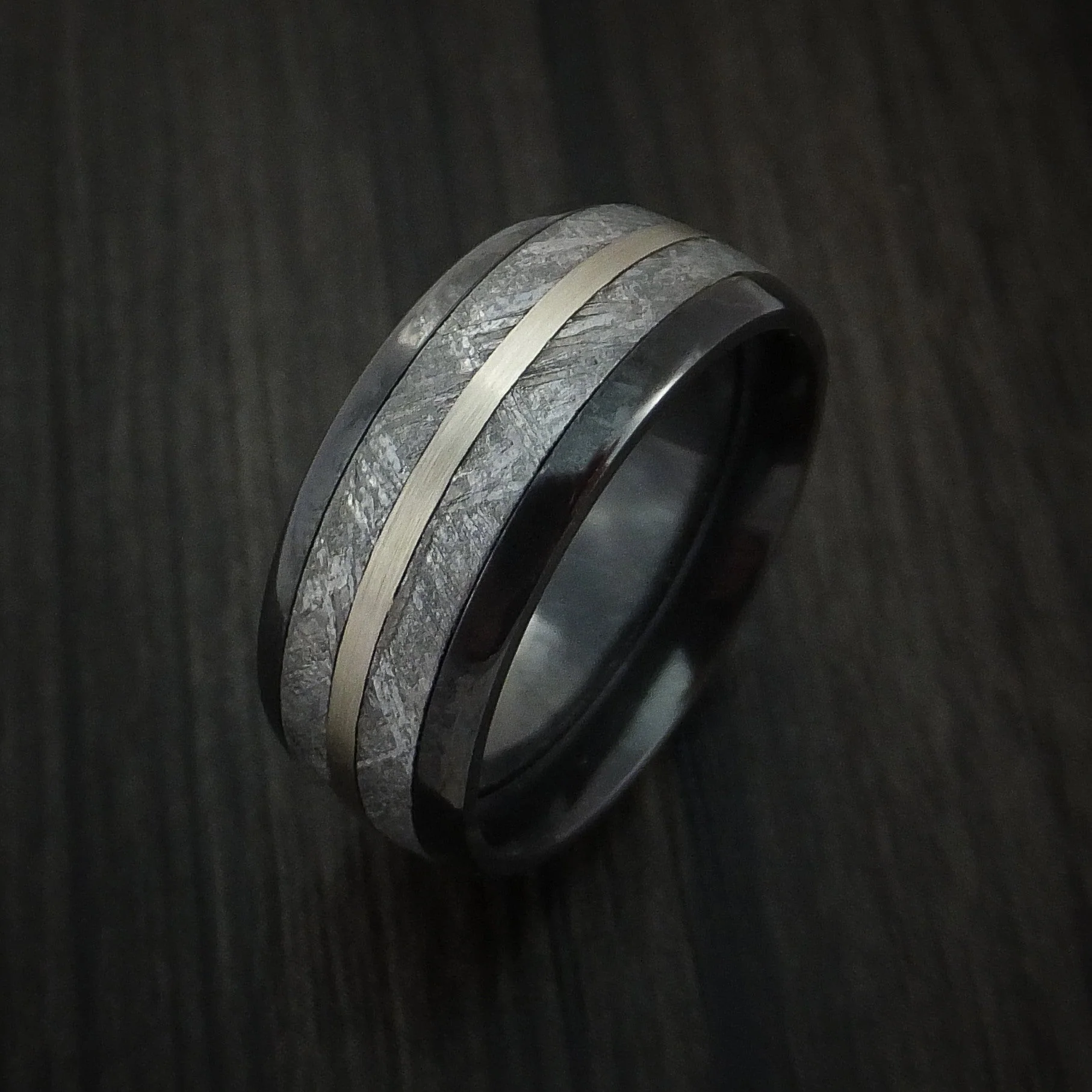 Black Titanium or Black Zirconium Custom Men's Ring with Gibeon Meteorite and 14K White Gold - Image 3