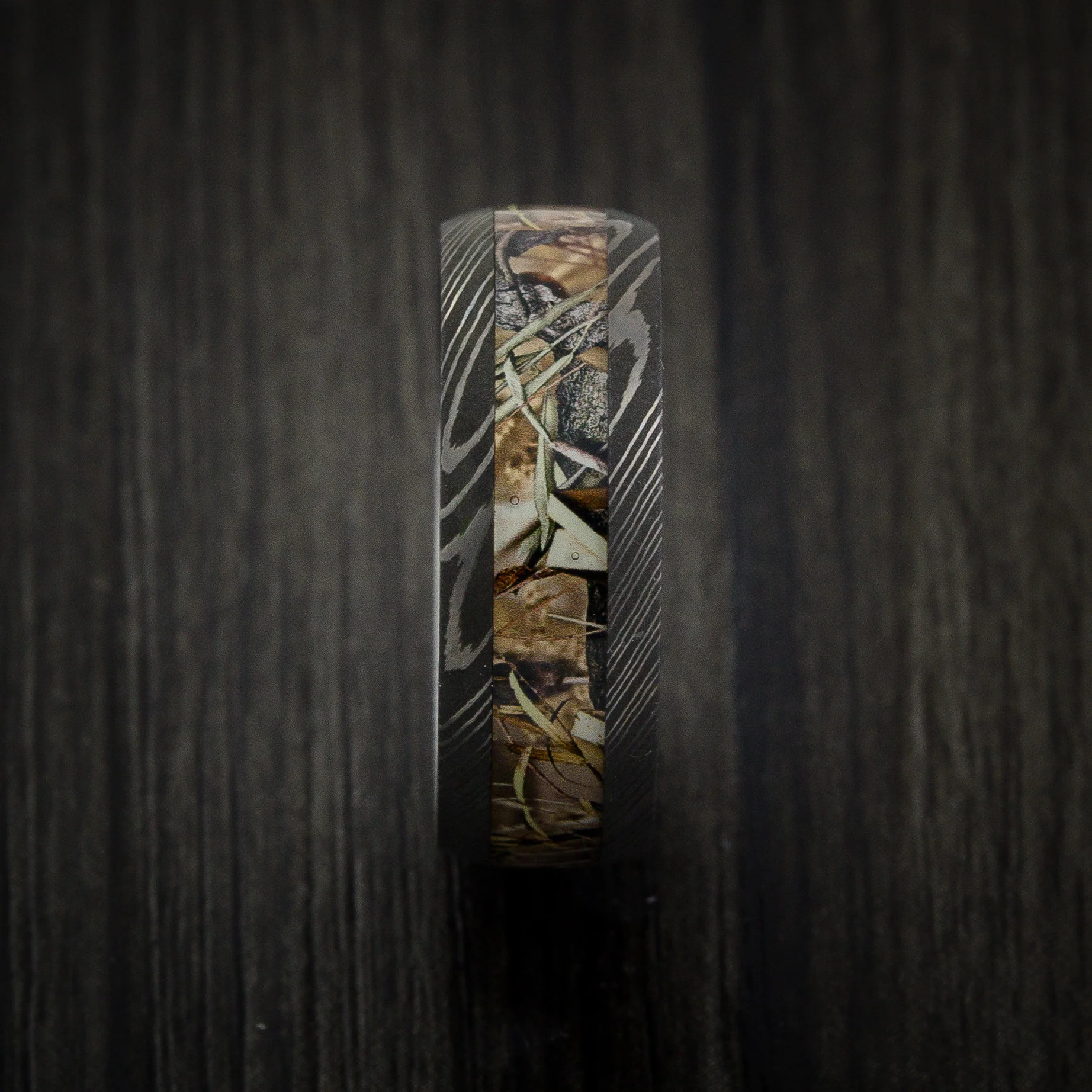 Damascus Steel Men's Ring with Camo Inlay Custom Made Wedding Band - Image 3