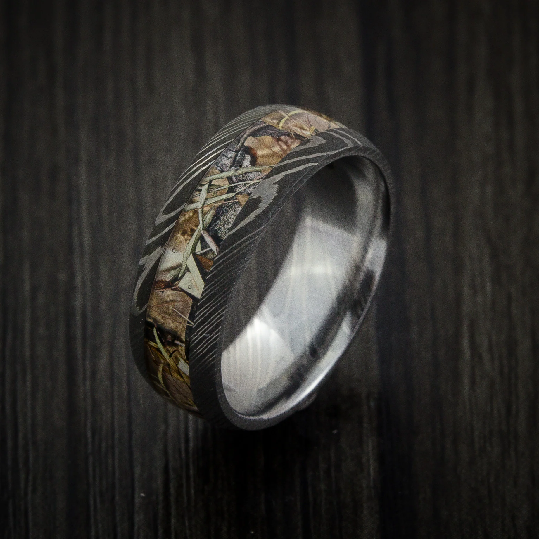 Damascus Steel Men's Ring with Camo Inlay Custom Made Wedding Band - Image 4