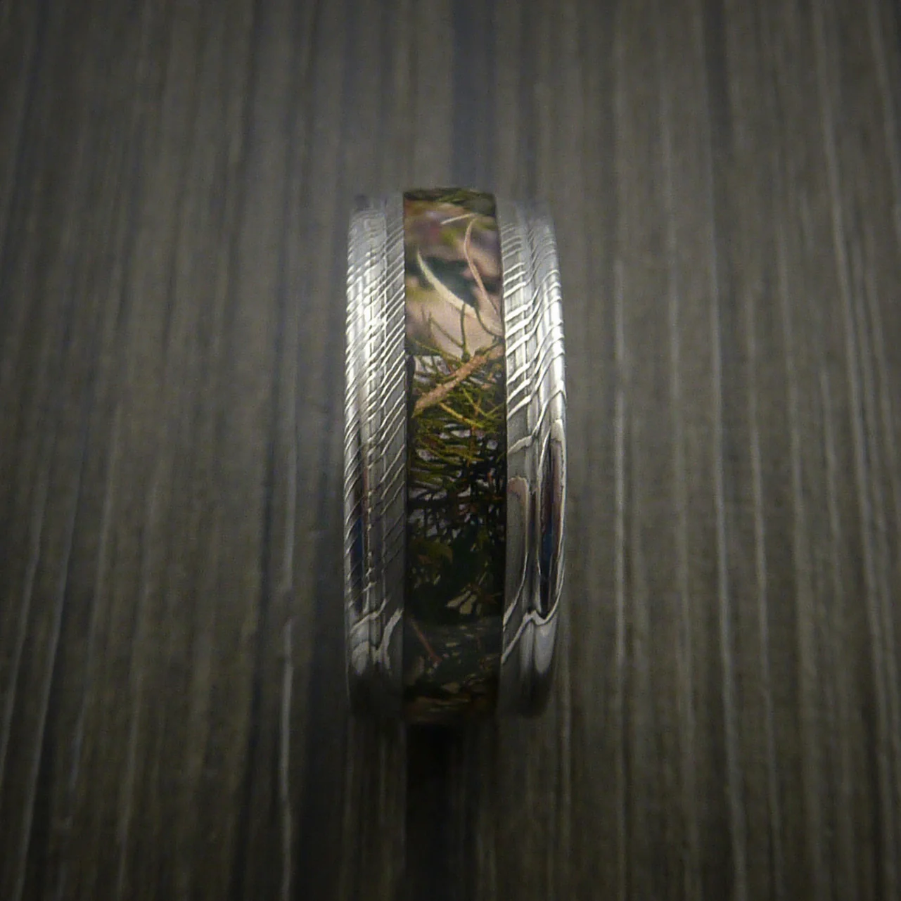Damascus Steel Men's Ring with Camo Inlay Custom Made Wedding Band - Image 3