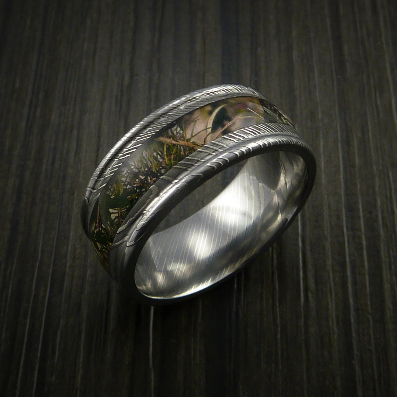 Damascus Steel Men's Ring with Camo Inlay Custom Made Wedding Band - Image 4