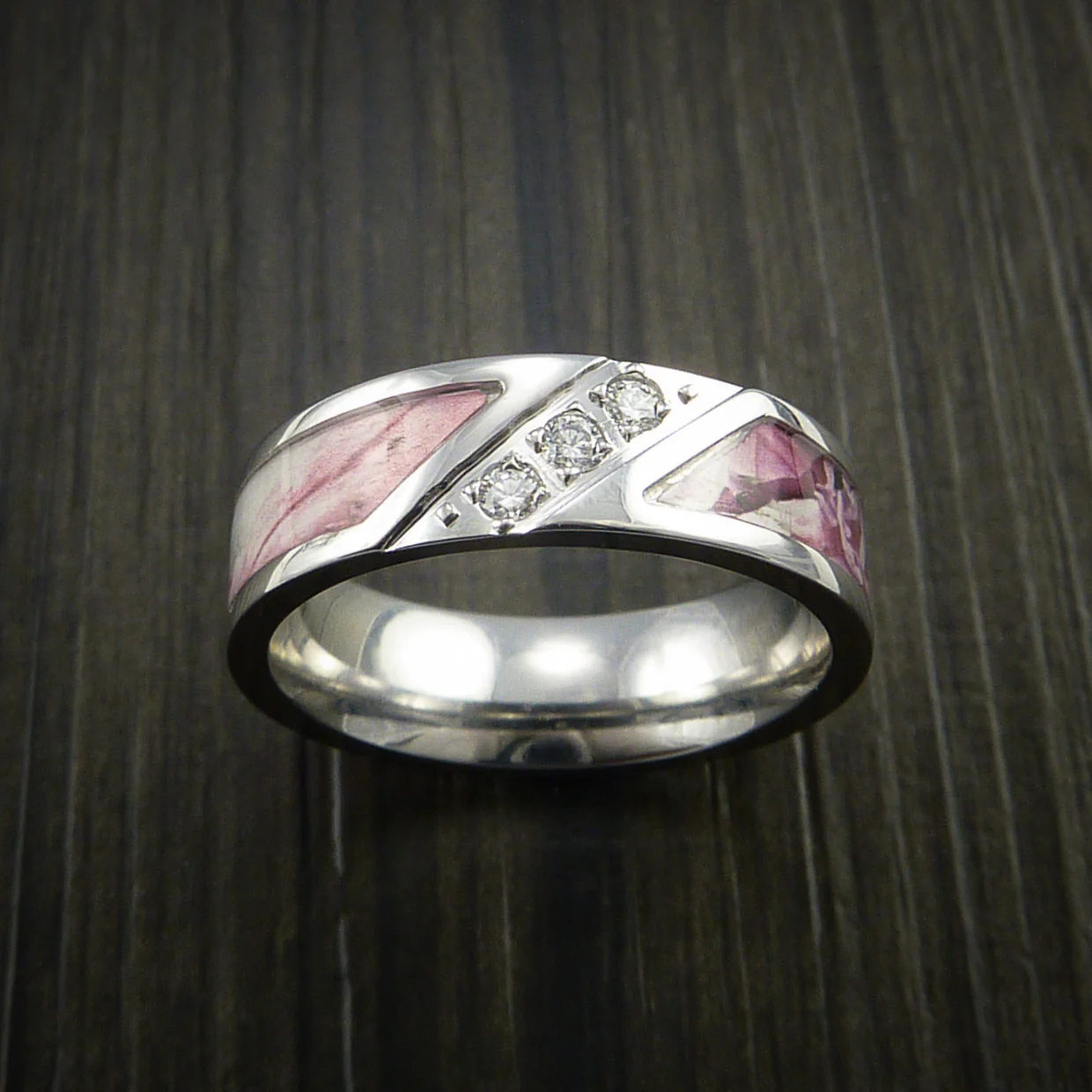 Cobalt Chrome Ring with Segmented Camo Inlay and Diamonds Custom Made Wedding Band - Image 4