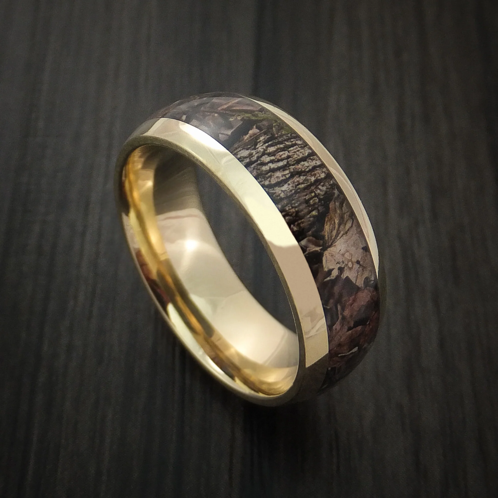 Yellow Gold Men's Ring with Camo Inlay Custom Made Wedding Band