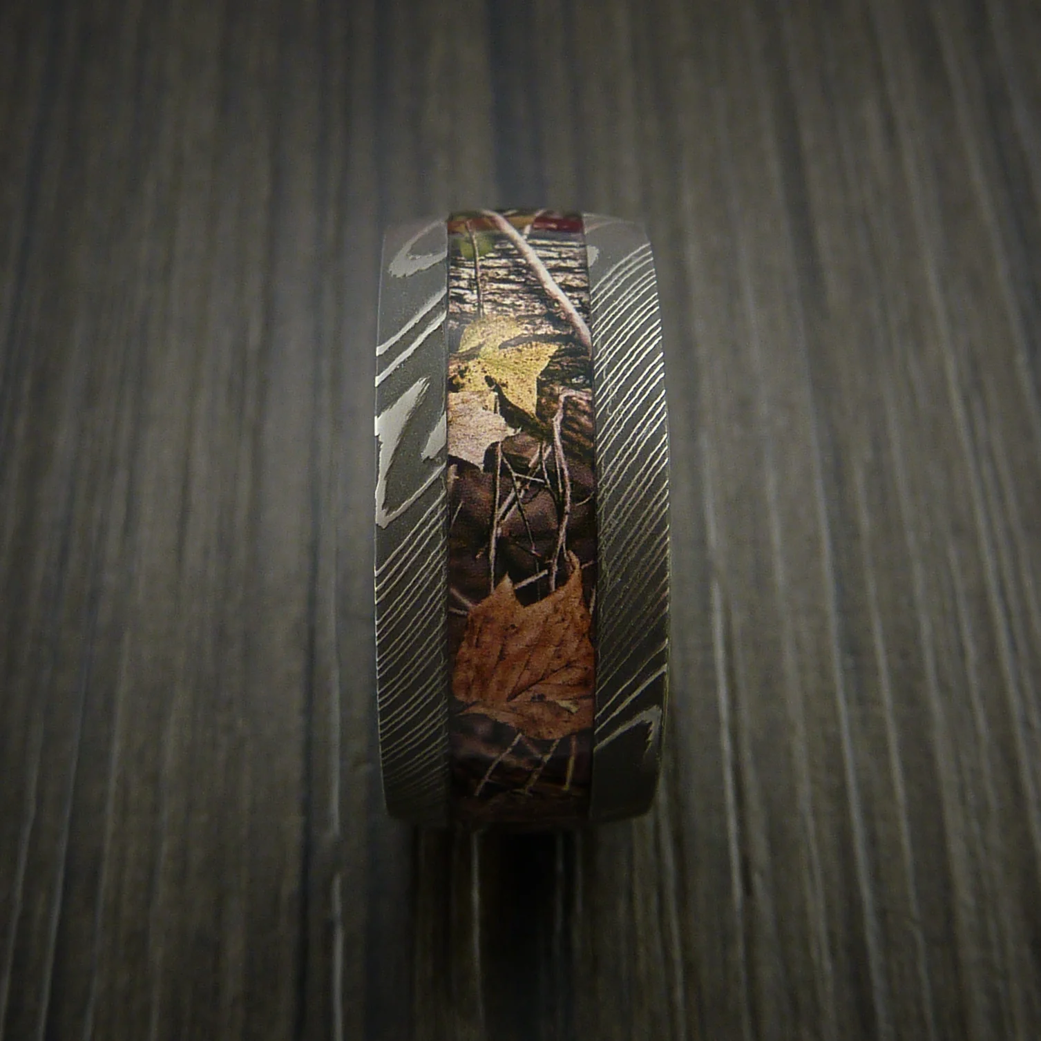 Damascus Steel Men's Ring with Camo Inlay Custom Made Wedding Band - Image 3