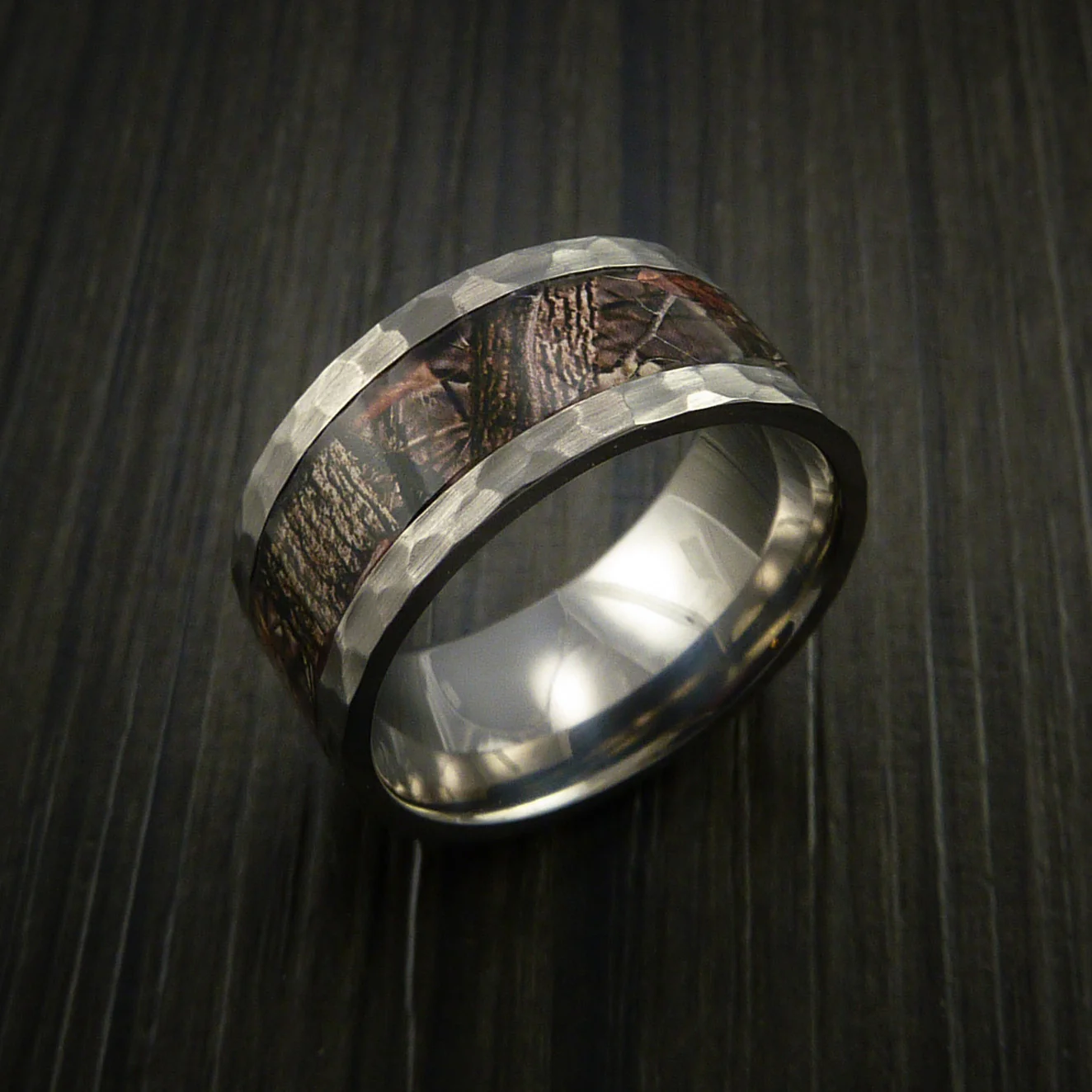 Hammered Titanium Men's Ring with Camo Inlay Custom Made Wedding Band - Image 4