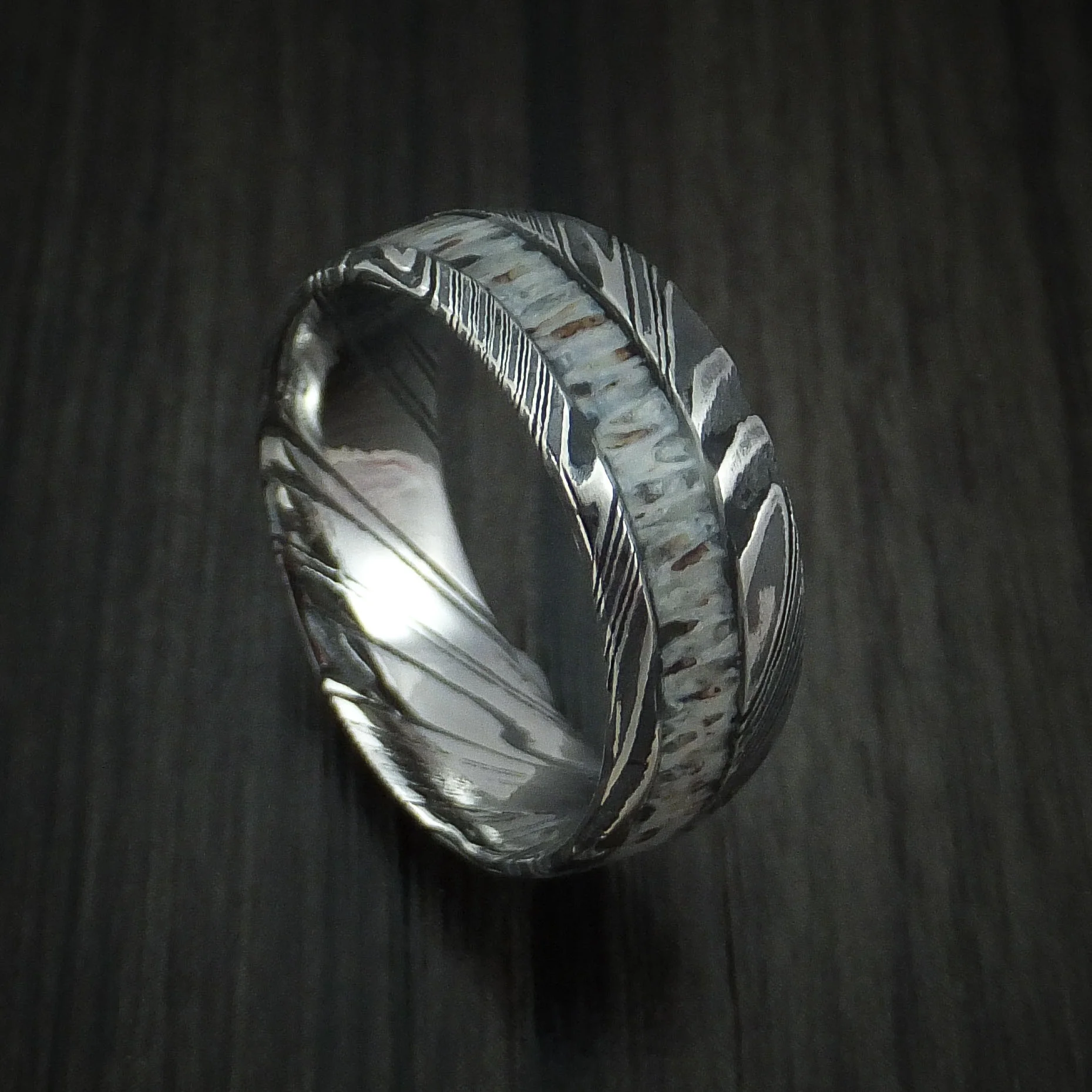 Woodgrain Kuro Damascus Steel and Antler Men's Ring Custom Made Band