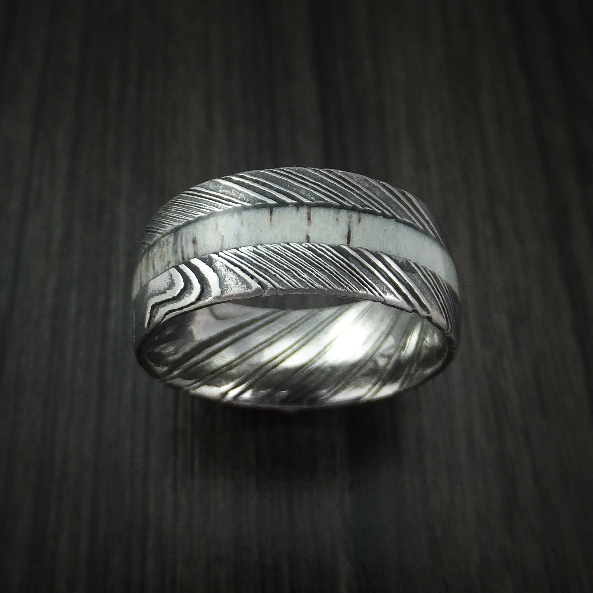 Woodgrain Kuro Damascus Steel and Antler Men's Ring Custom Made Band - Image 2