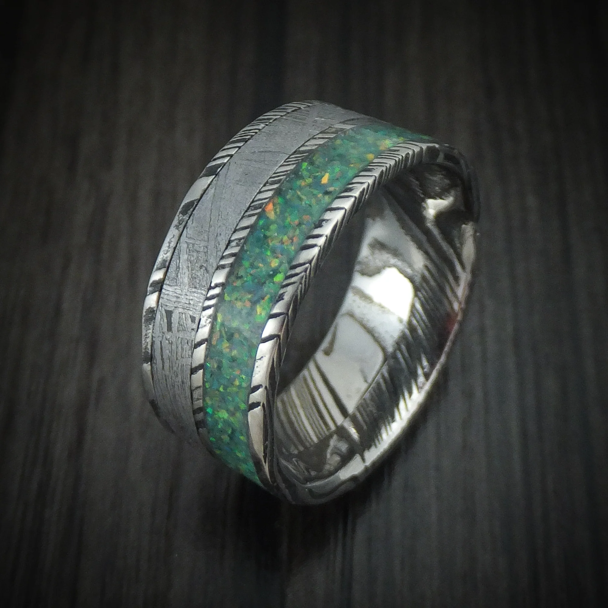 Woodgrain Kuro Damascus Steel and Meteorite Men's Ring with Opal Custom Made Band - Image 4