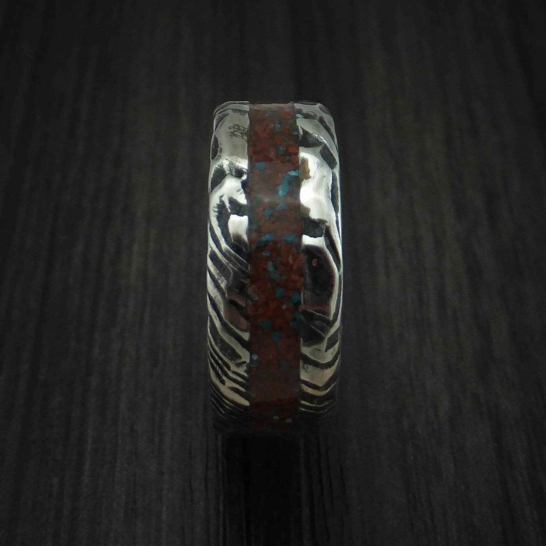 Woodgrain Kuro Damascus Steel And Red Dinosaur Bone with Turquoise Rock Hammered Men's Ring Custom Made Fossil Band - Image 3