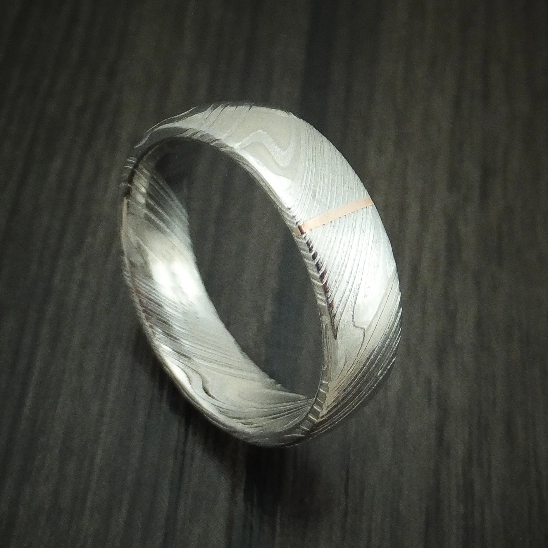 Woodgrain Kuro Damascus Steel and Vertical 14K Rose Gold Inlay Custom Made