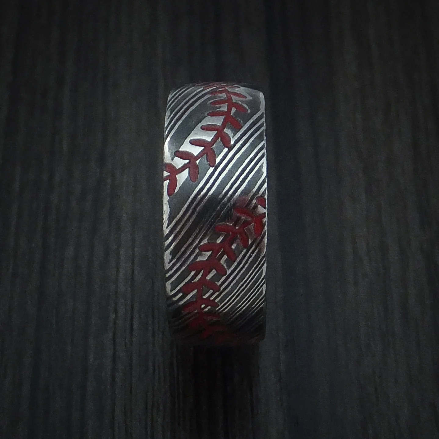 Woodgrain Kuro Damascus Steel Baseball Men's Ring with Double Stitching Acid Finish - Image 3