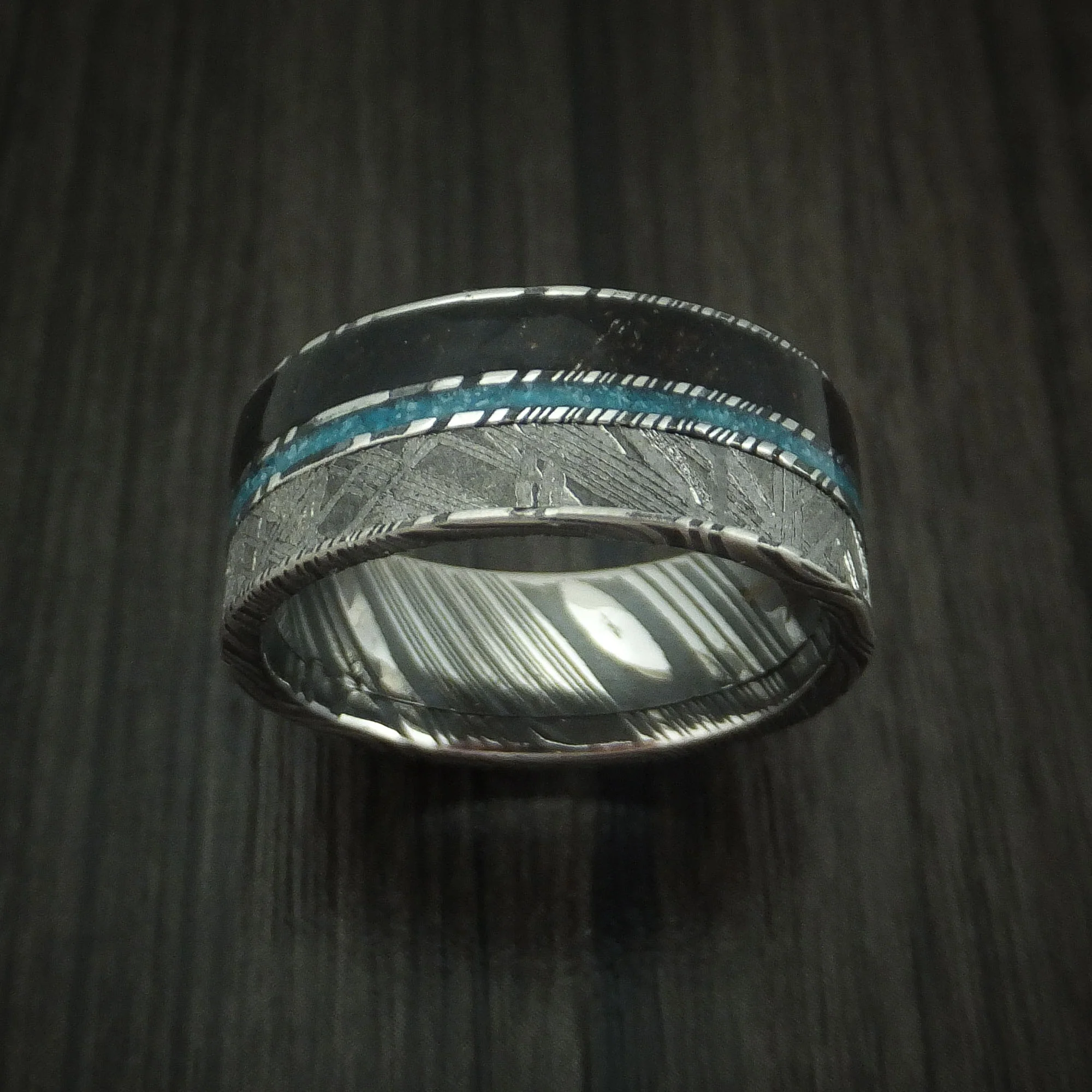 Woodgrain Kuro Damascus Steel Black Dinosaur Bone and Gibeon Meteorite Men's Ring with Turquoise Inlay Custom Made Fossil Band - Image 2
