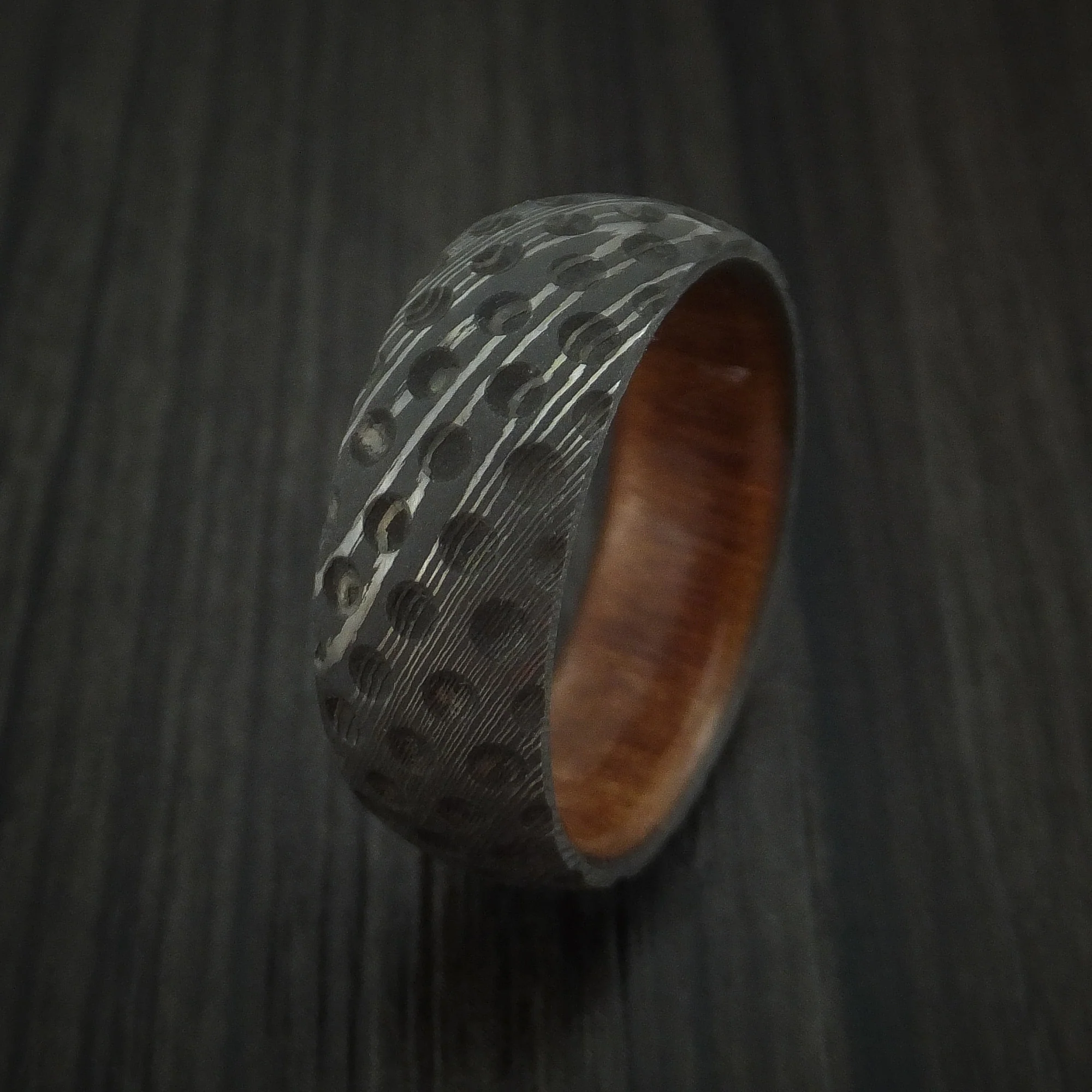 Damascus Steel Golf Ball Dimpled Men's Ring with Wood Sleeve Custom Made - Image 4