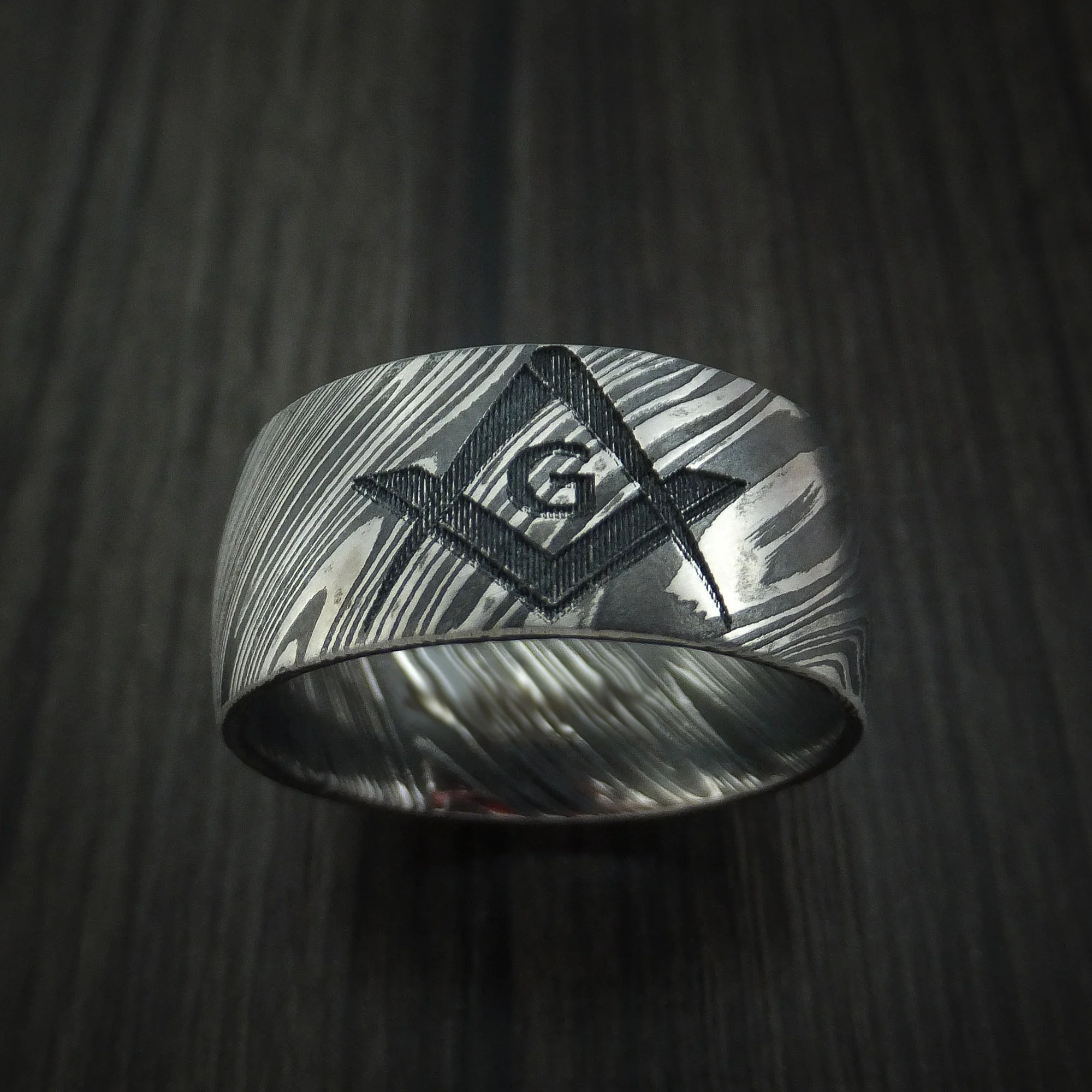 Woodgrain Kuro Damascus Steel Masonic Emblem Men's Ring Custom Made Band - Image 2