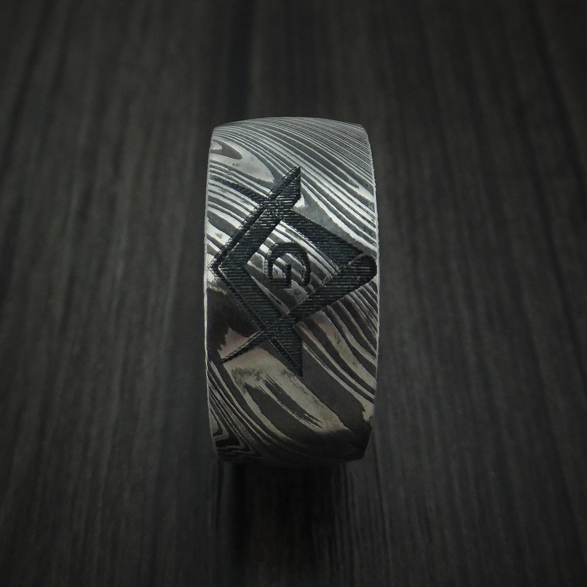 Woodgrain Kuro Damascus Steel Masonic Emblem Men's Ring Custom Made Band - Image 3