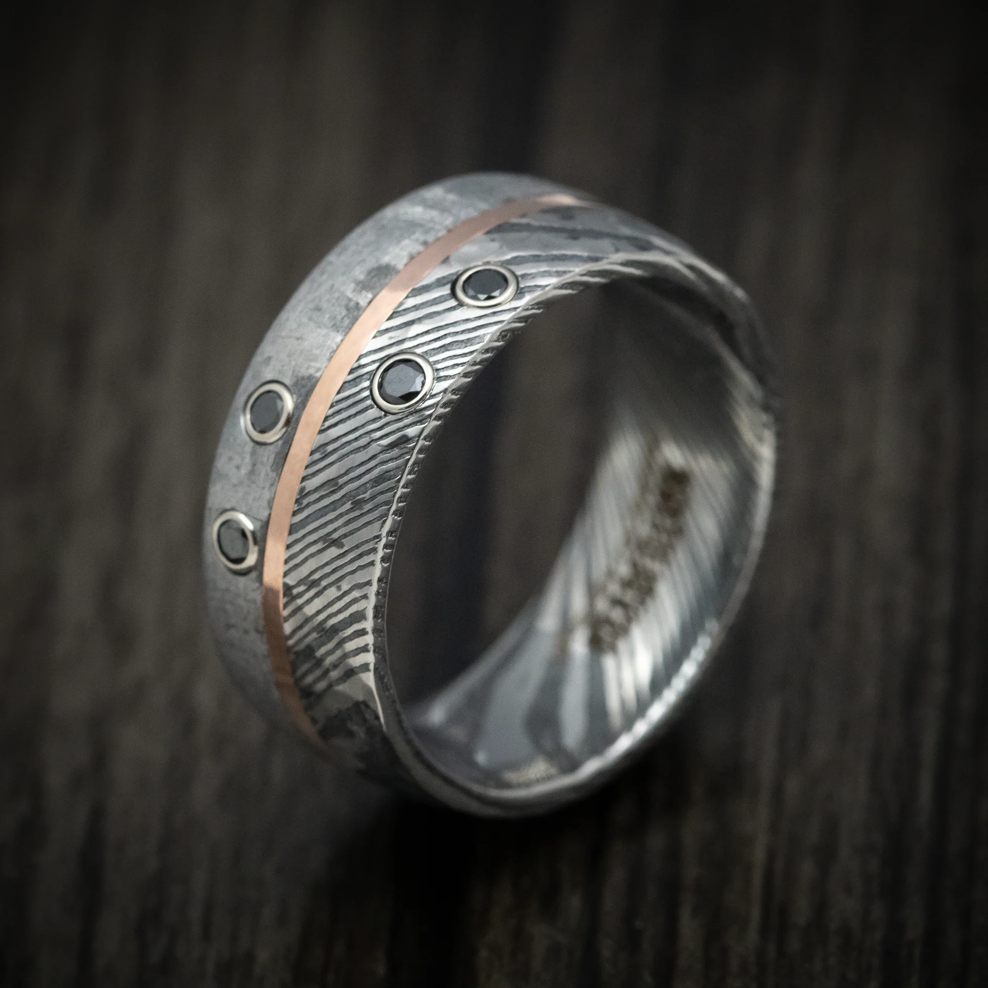 Kuro Damascus Steel Meteorite Men's Ring with Gold and Black Diamonds Custom Made Band - Image 4