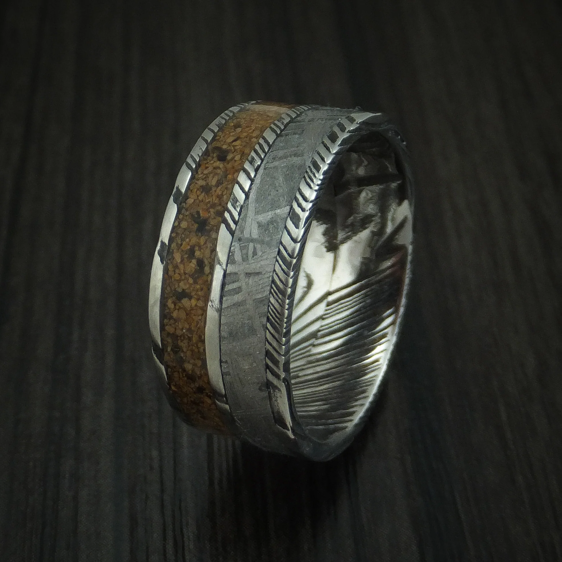 Woodgrain Kuro Damascus Steel Mixed Dinosaur Bone And Gibeon Meteorite Men's Ring Custom Made Fossil Band - Image 4