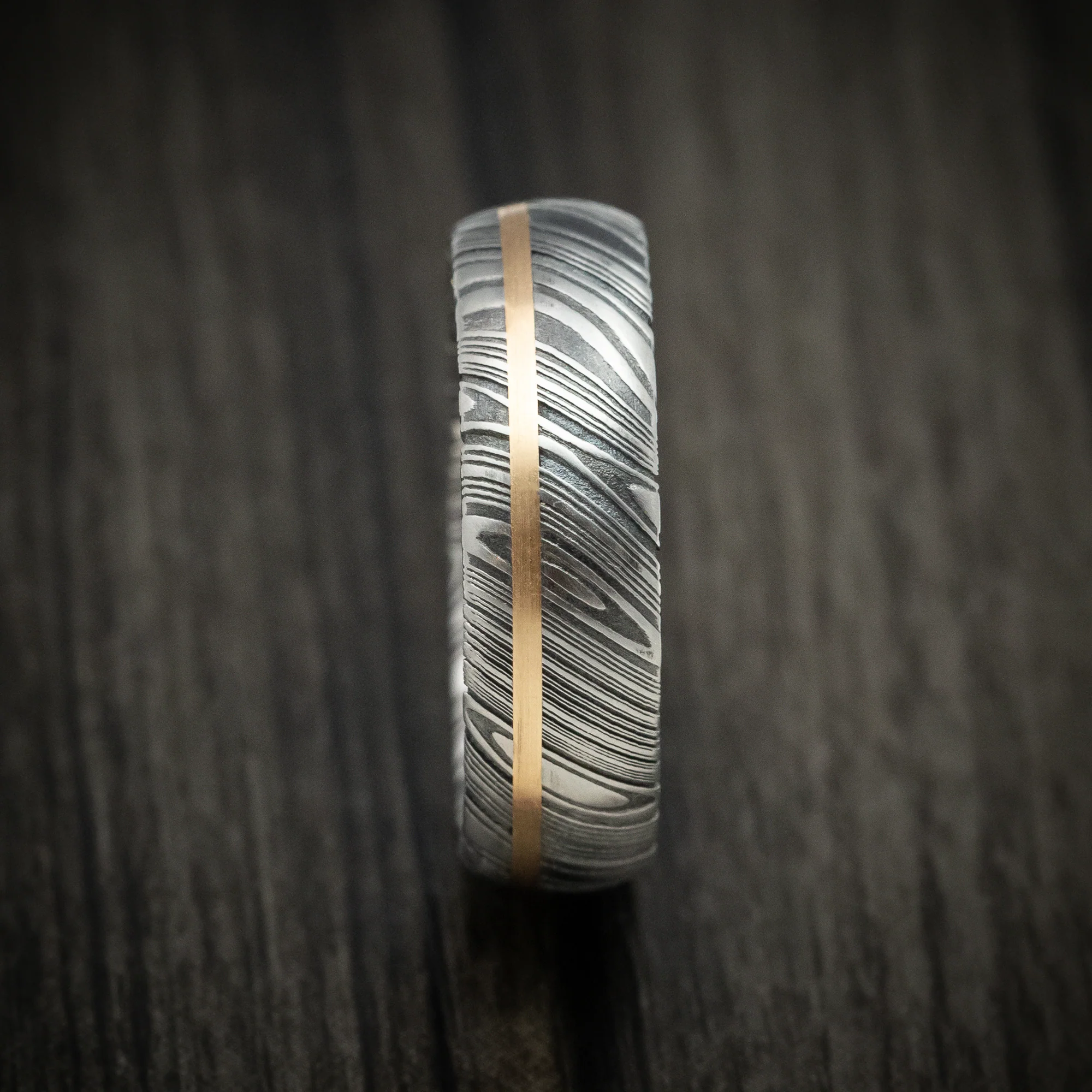 Woodgrain Kuro Damascus Steel Men's Ring And 14k Gold Wedding Band Genuine Craftsmanship Custom Made - Image 3