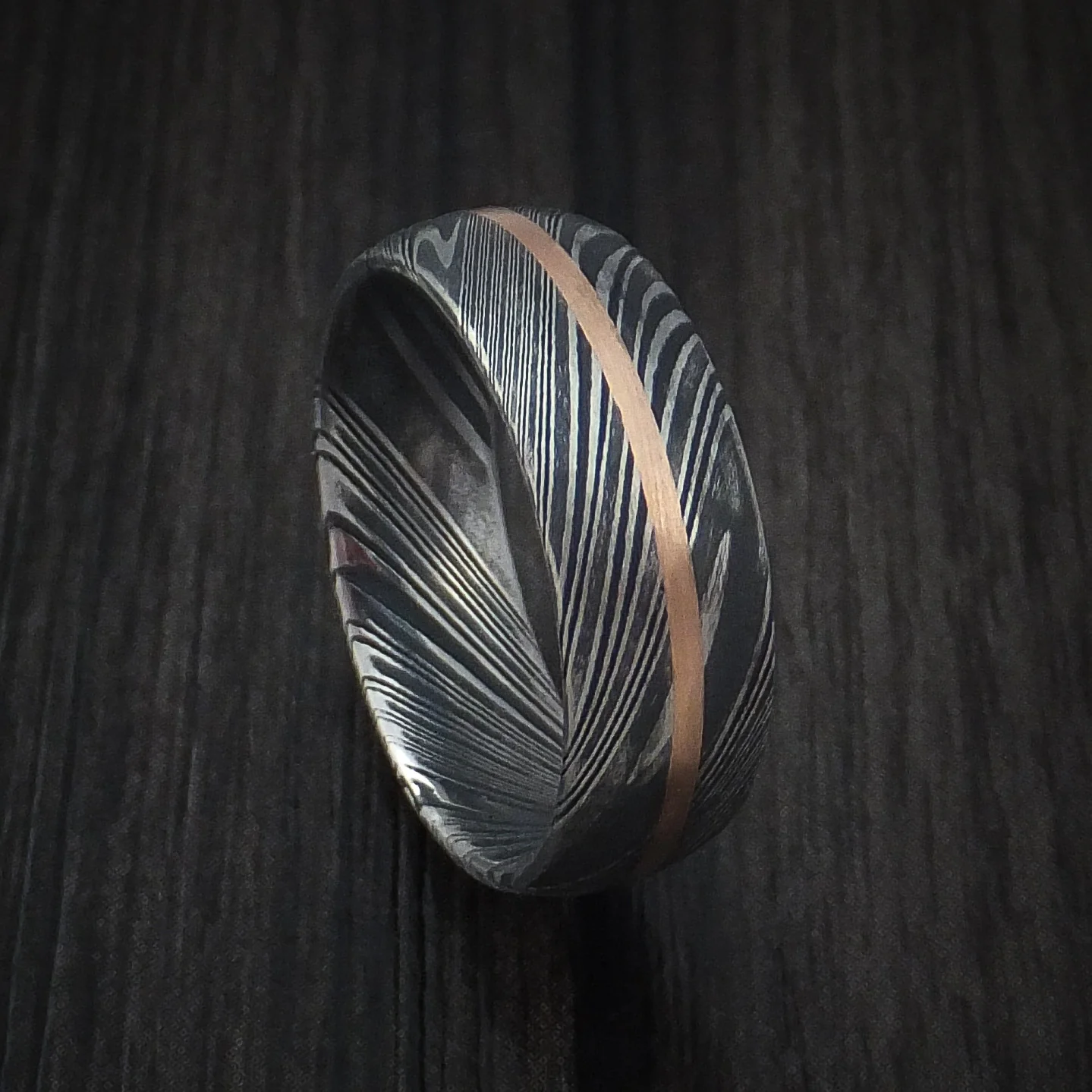 Woodgrain Kuro Damascus Steel Men's Ring and 14k Rose Gold Wedding Band Genuine Craftsmanship Custom Made