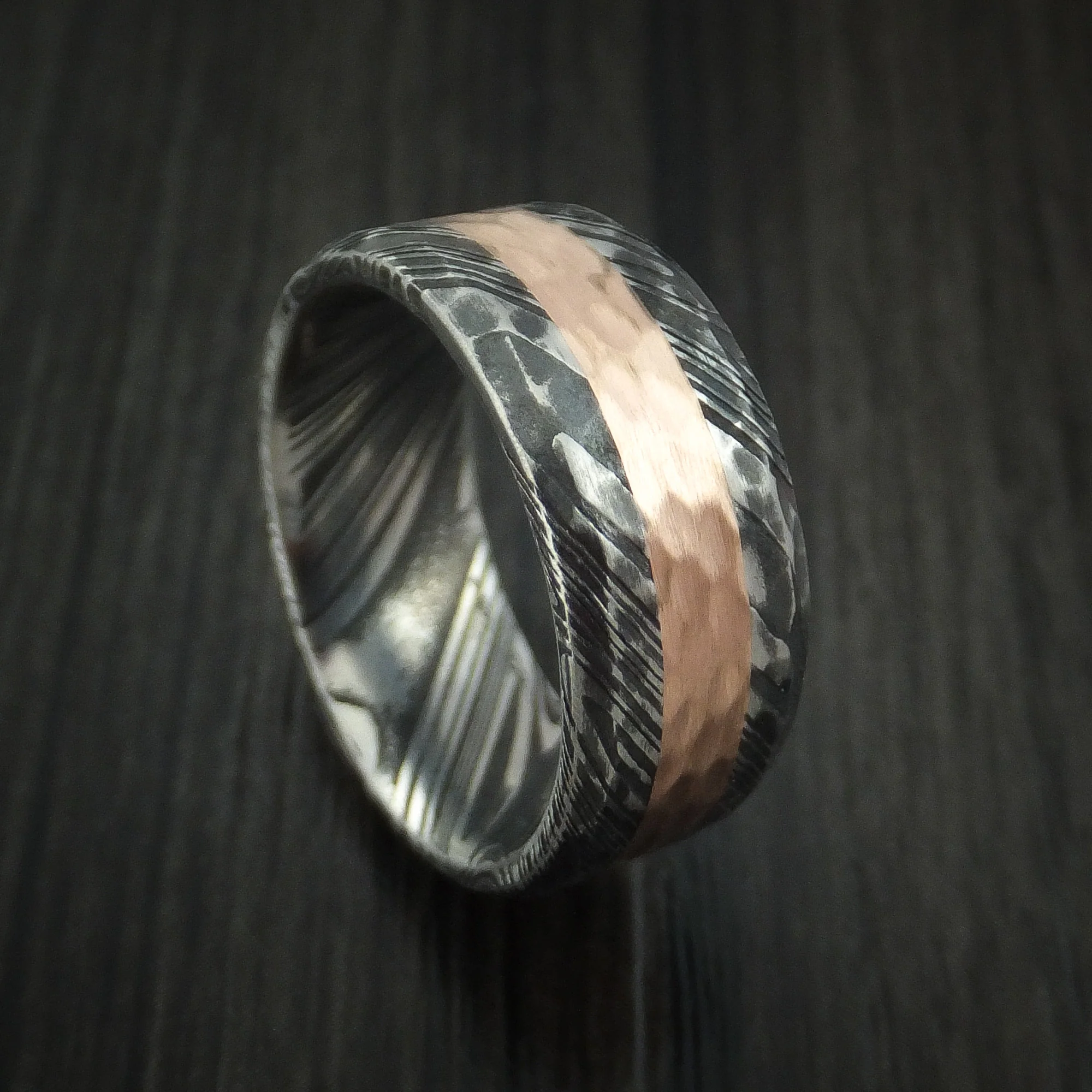 Woodgrain Kuro Damascus Steel Men's Ring and 14k Rose Gold Wedding Band Hammered Genuine Craftsmanship Custom Made