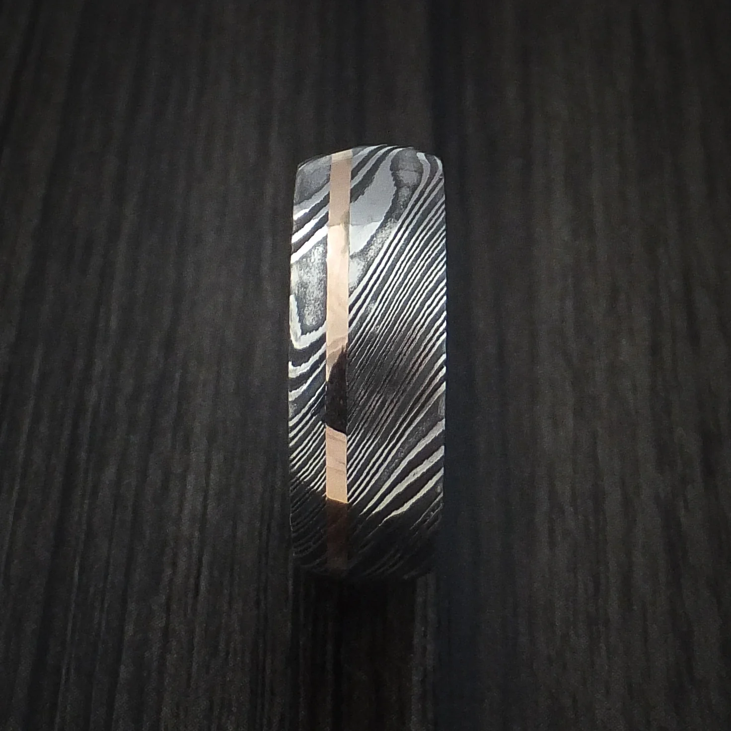 Woodgrain Kuro Damascus Steel Men's Ring and 14k Rose Gold Wedding Band Genuine Craftsmanship Custom Made - Image 3
