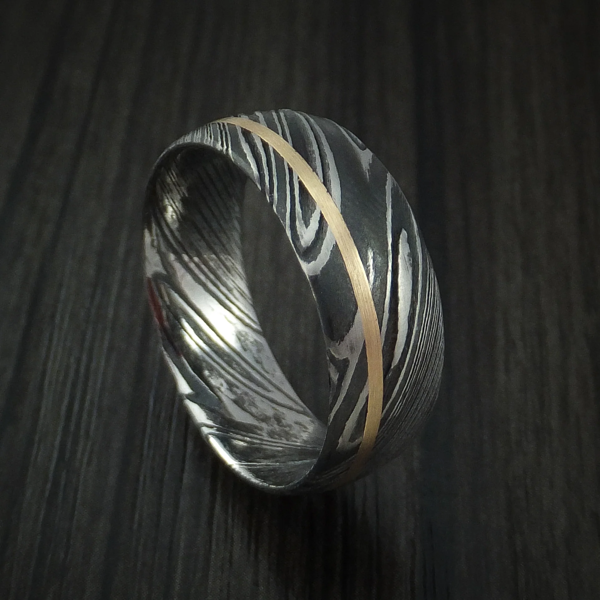 Woodgrain Kuro Damascus Steel Men's Ring and 14k Yellow Gold Wedding Band Genuine Craftsmanship Custom Made