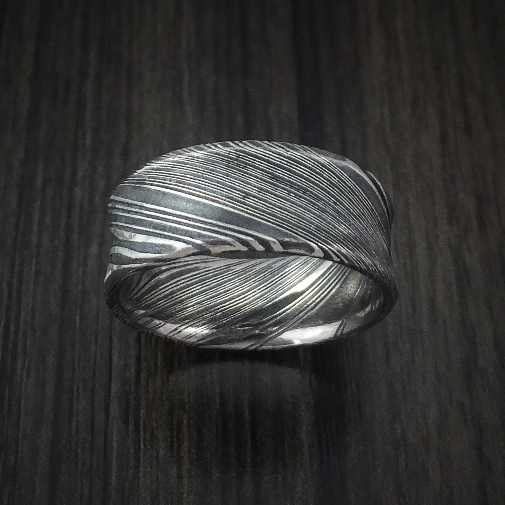 Woodgrain Kuro Damascus Steel Men's Ring Concave Shape Wedding Band Custom Made - Image 2