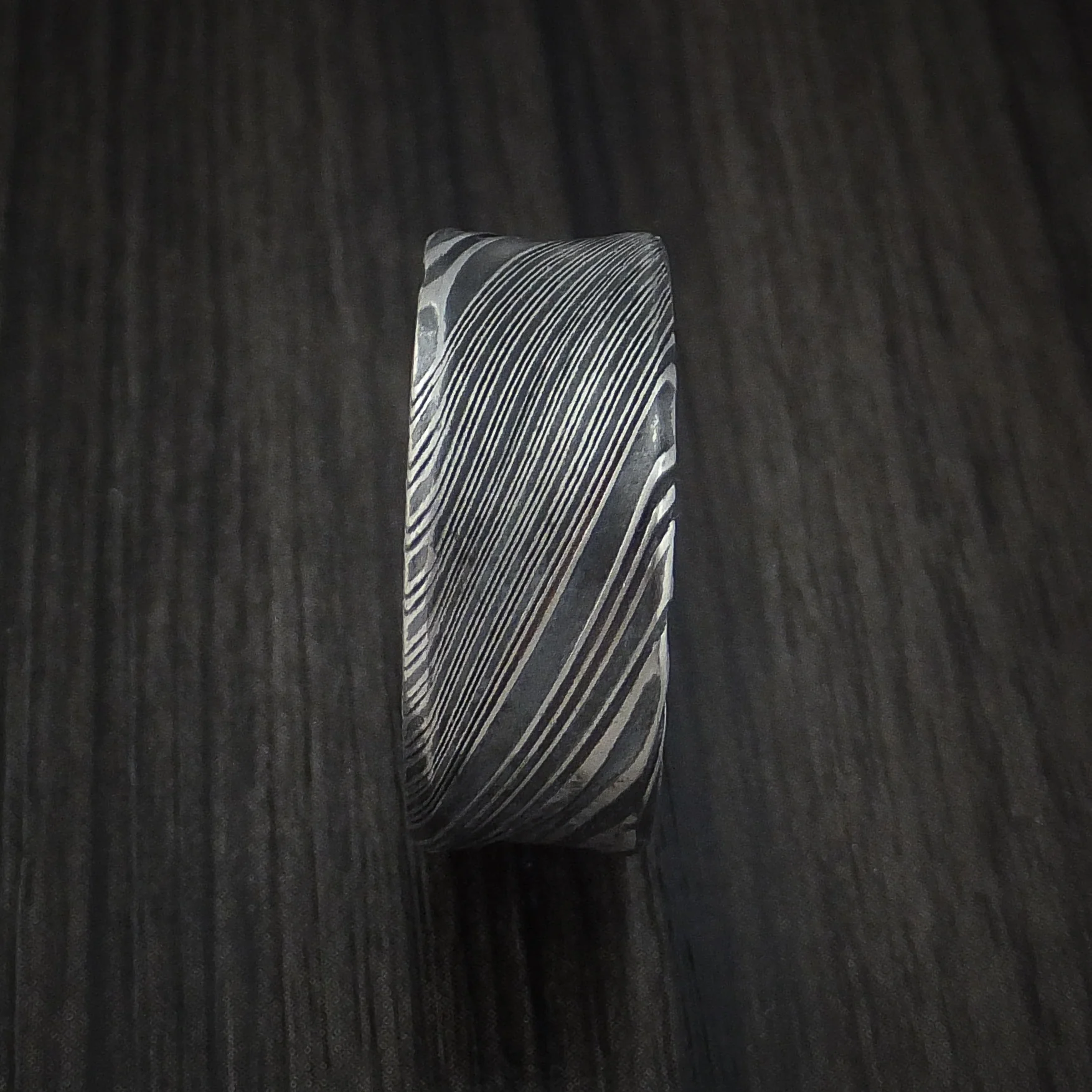 Woodgrain Kuro Damascus Steel Men's Ring Concave Shape Wedding Band Custom Made - Image 3