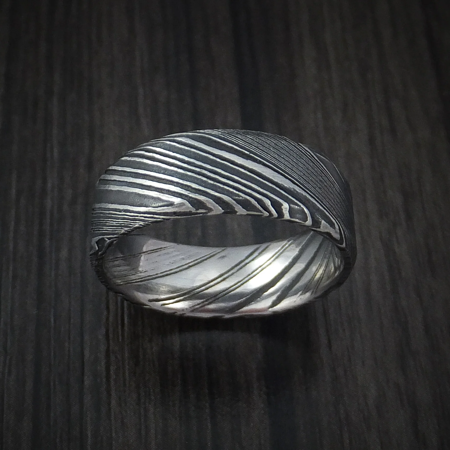 Woodgrain Kuro Damascus Steel Men's Ring Custom Made Wedding Band - Image 2
