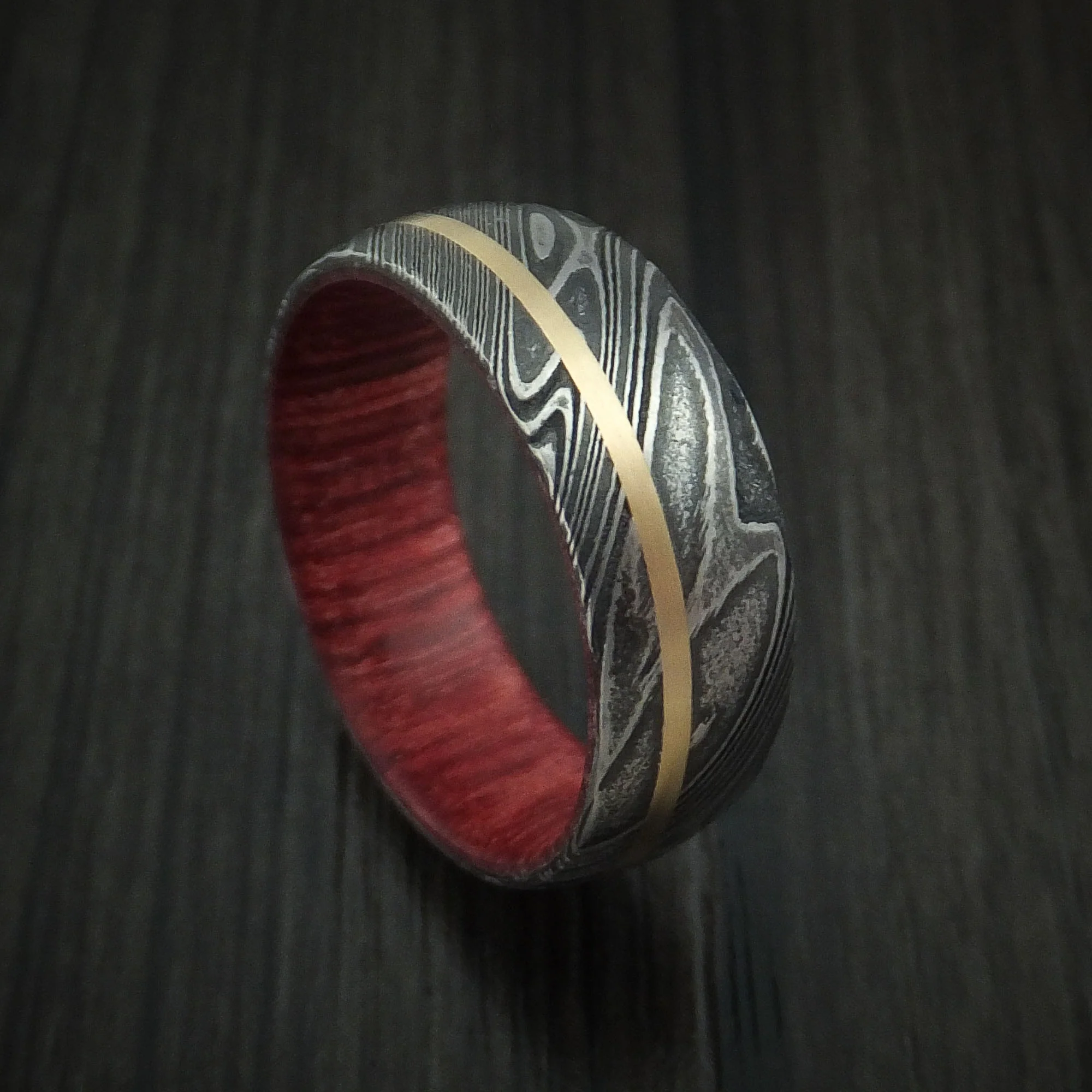 Woodgrain Kuro Damascus Steel Men's Ring with 14K Yellow Gold Inlay and Hardwood Sleeve Custom Made Wood Band
