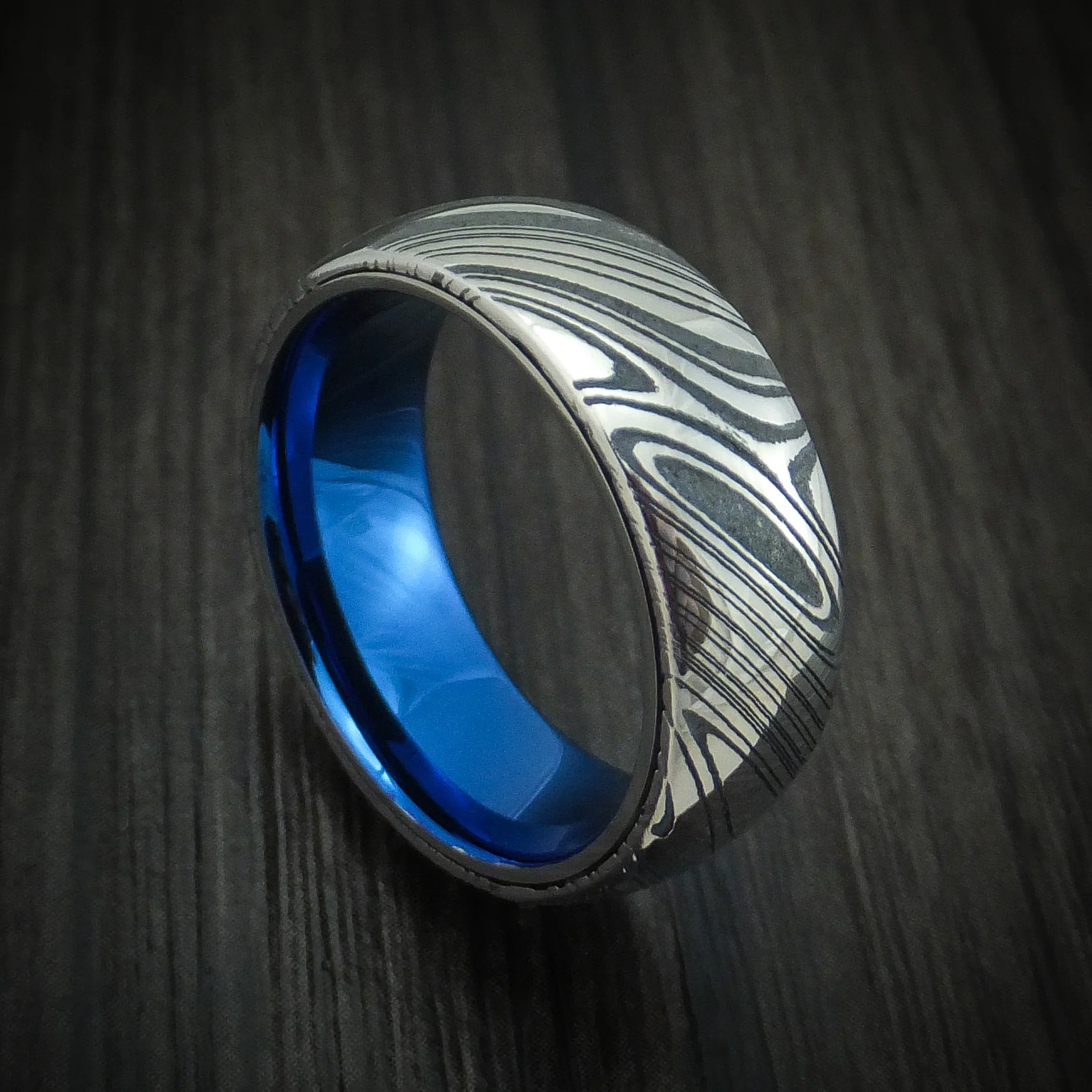 Woodgrain Kuro Damascus Steel Men's Ring With Anodized Titanium Interior Sleeve Custom Made