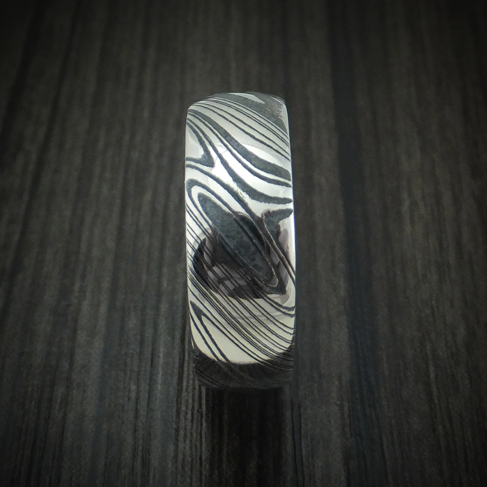 Woodgrain Kuro Damascus Steel Men's Ring With Anodized Titanium Interior Sleeve Custom Made - Image 3