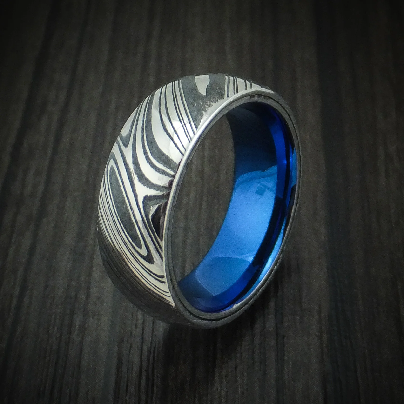Woodgrain Kuro Damascus Steel Men's Ring With Anodized Titanium Interior Sleeve Custom Made - Image 4
